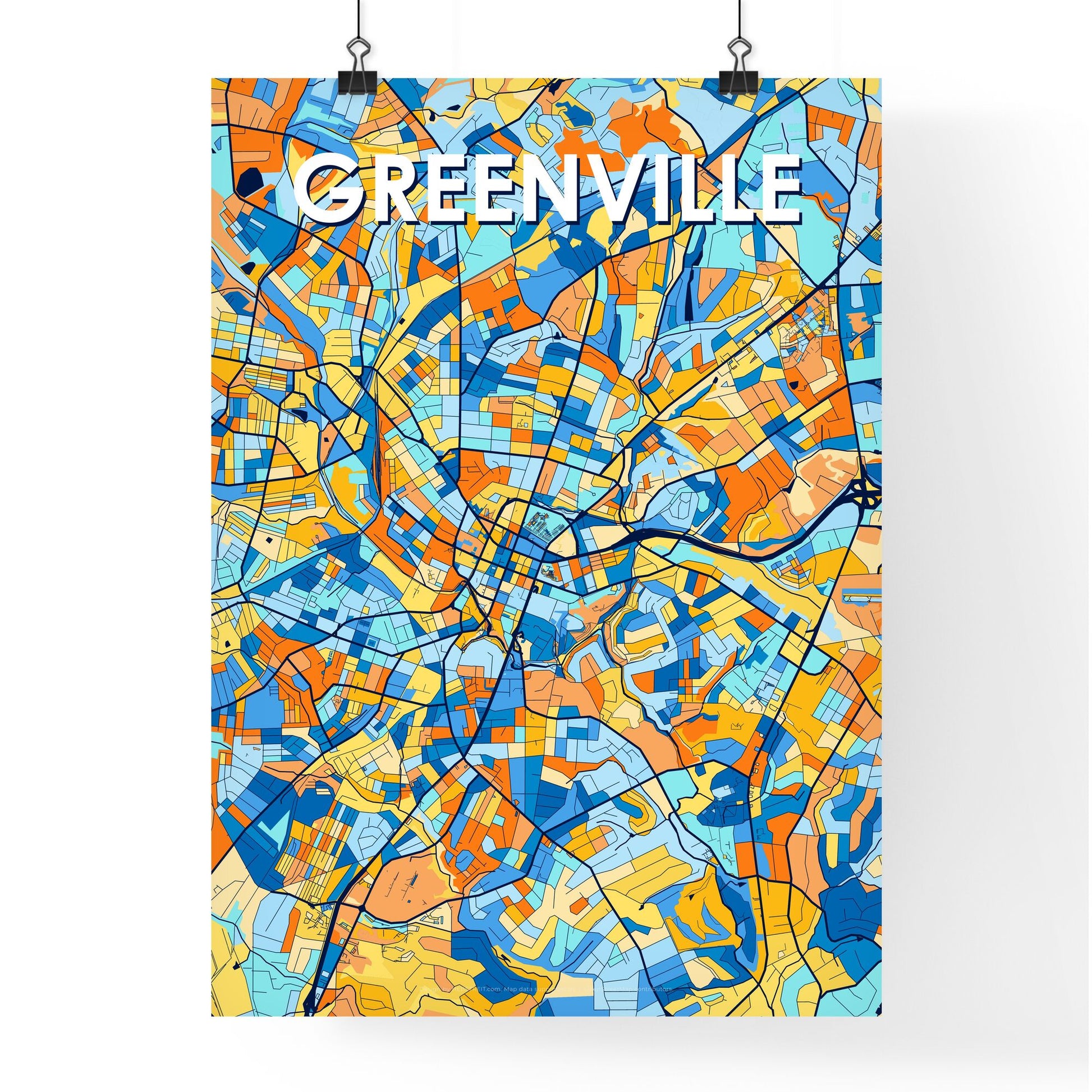 GREENVILLE SOUTH CAROLINA Vibrant Colorful Art Map Poster Blue Orange