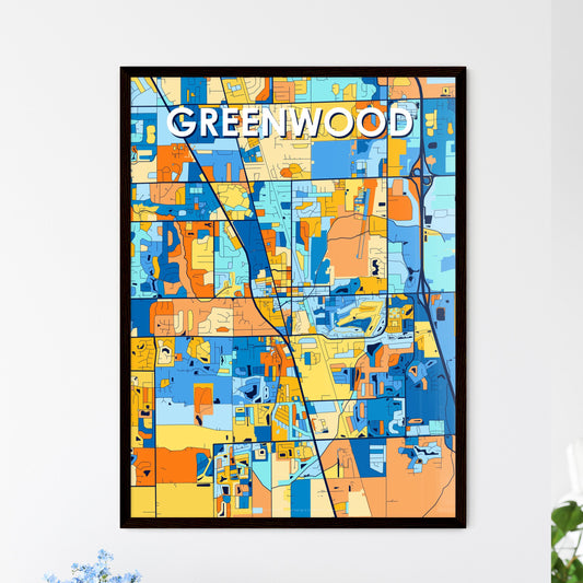 GREENWOOD INDIANA Vibrant Colorful Art Map Poster Blue Orange