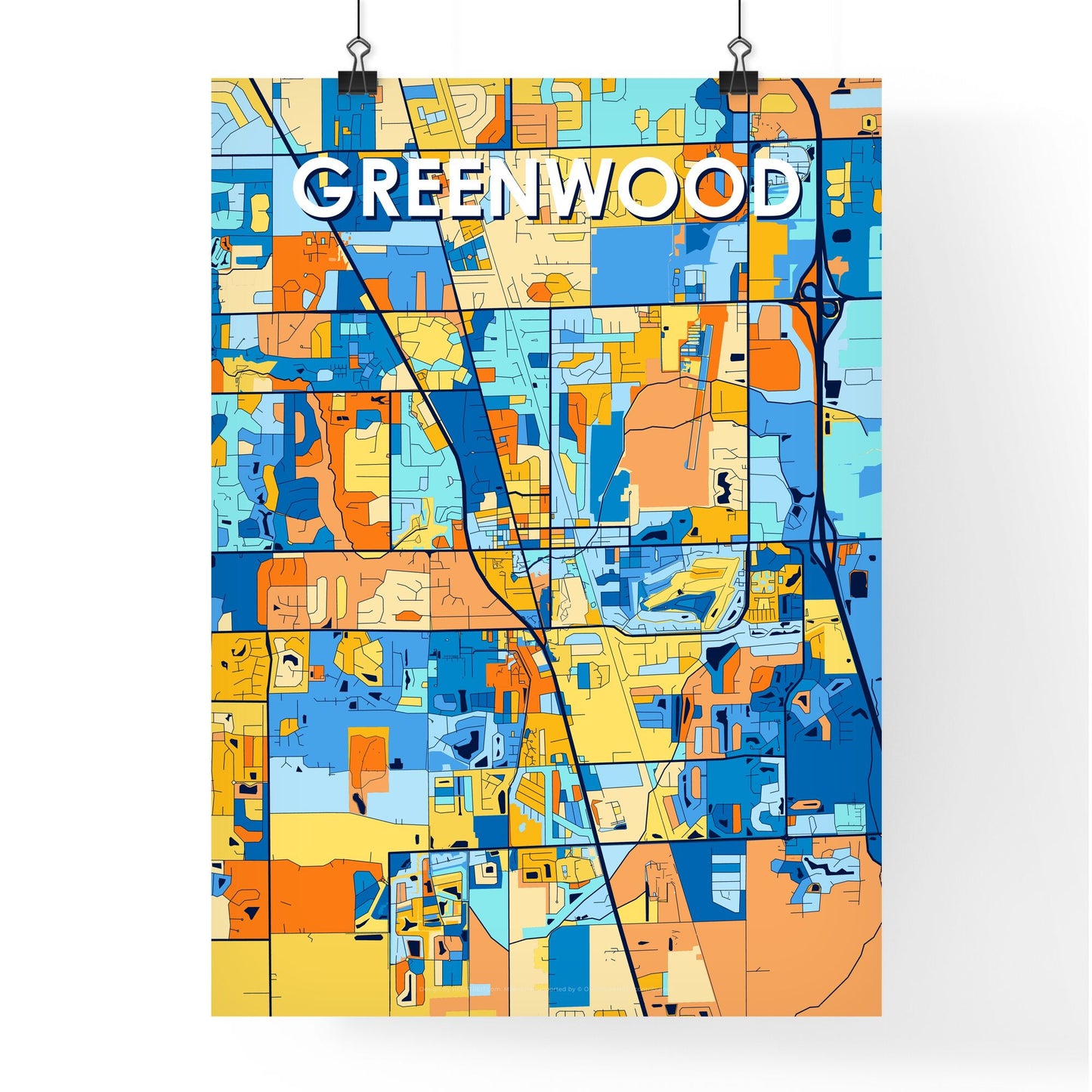 GREENWOOD INDIANA Vibrant Colorful Art Map Poster Blue Orange