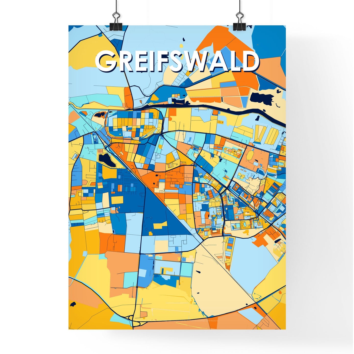 GREIFSWALD GERMANY Vibrant Colorful Art Map Poster Blue Orange