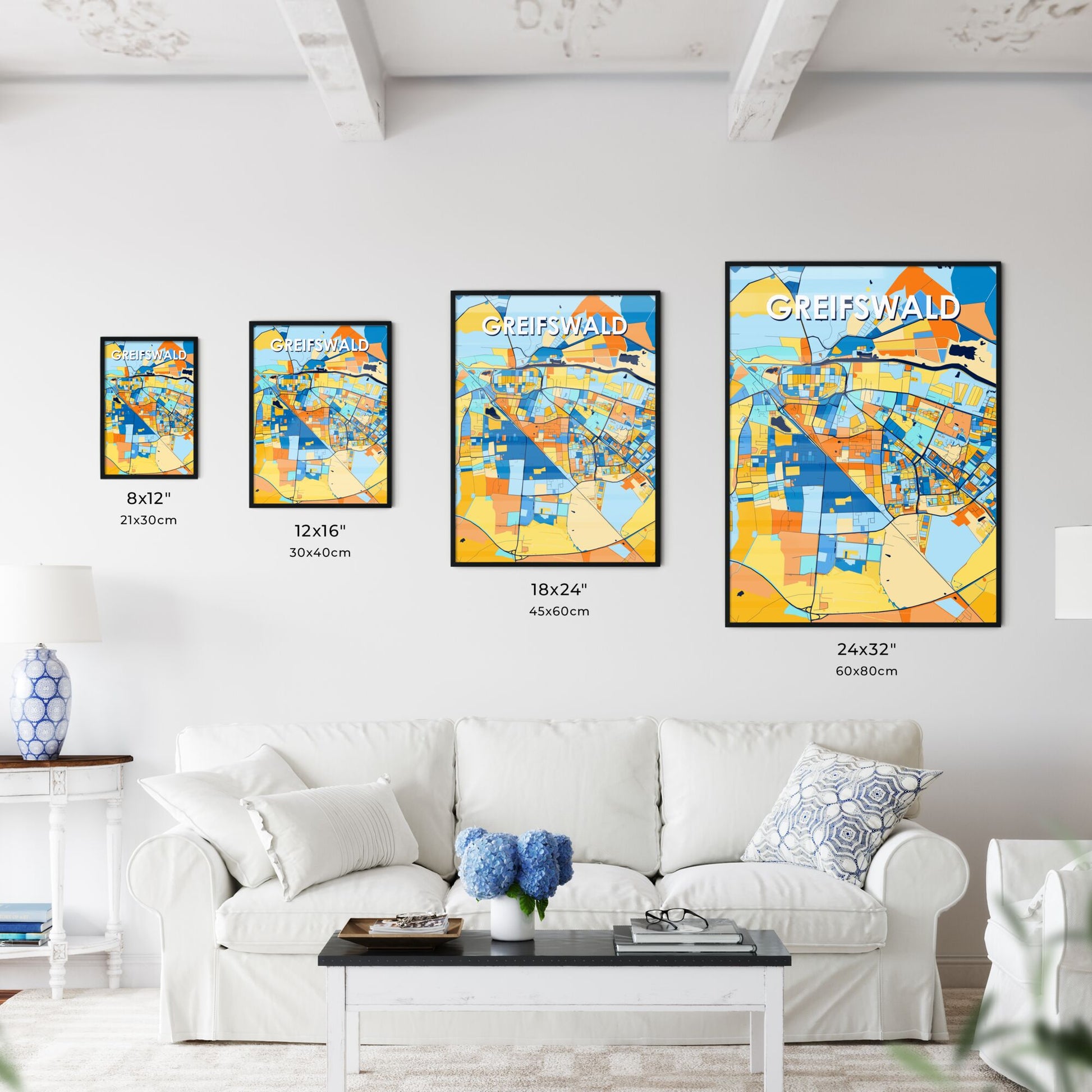 GREIFSWALD GERMANY Vibrant Colorful Art Map Poster Blue Orange