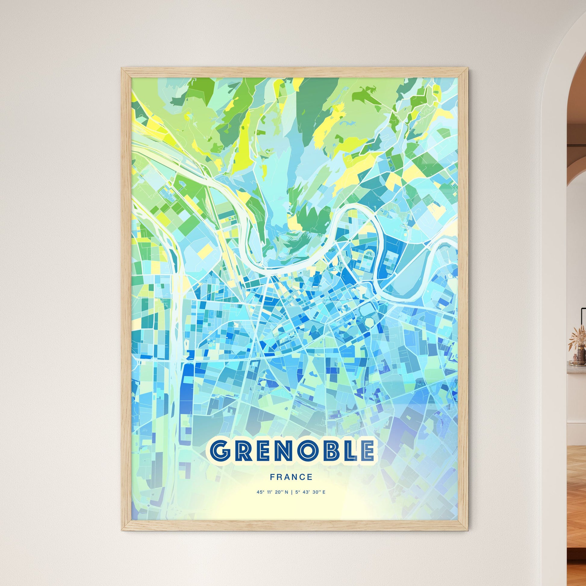 Colorful Grenoble France Fine Art Map Cool Blue