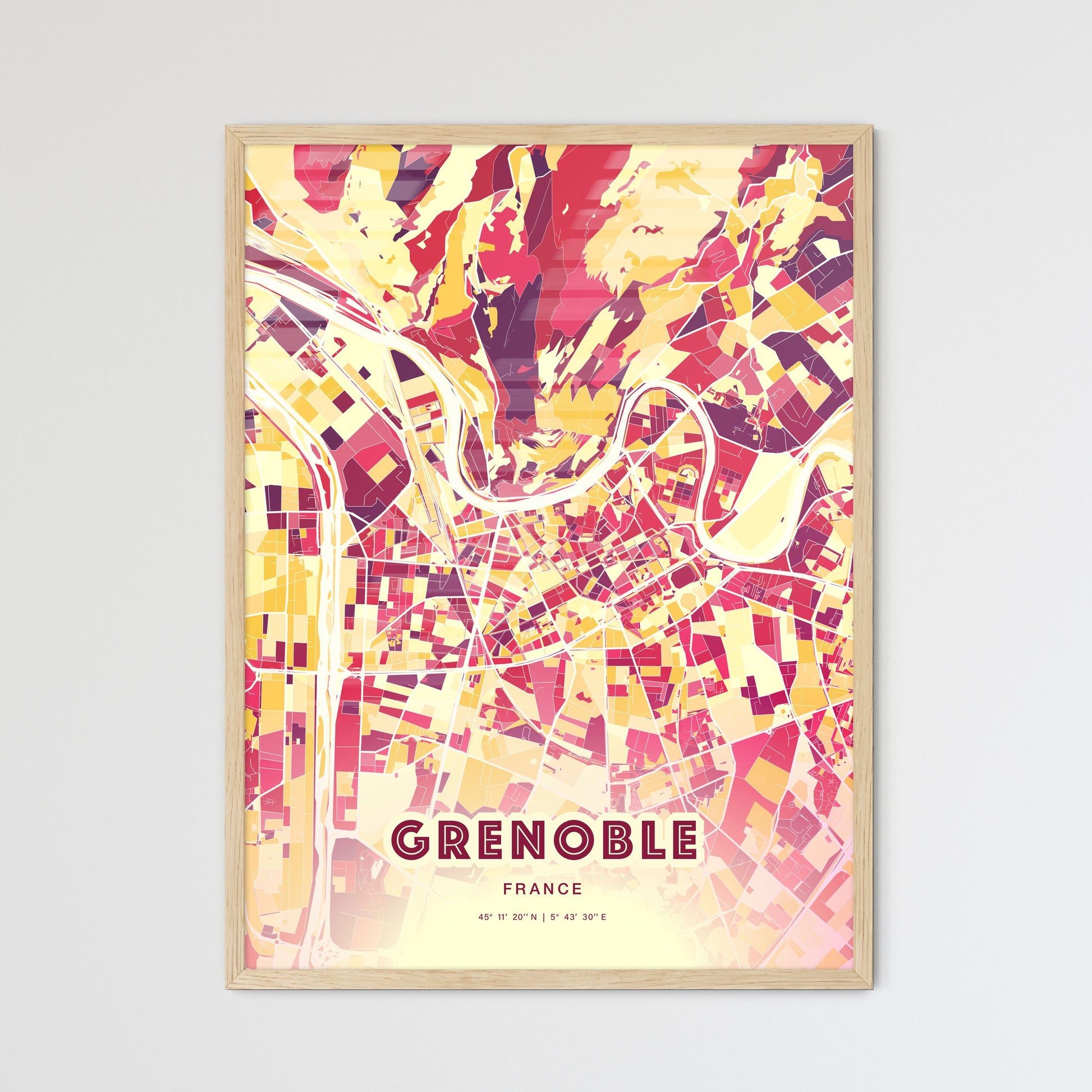 Colorful Grenoble France Fine Art Map Hot Red