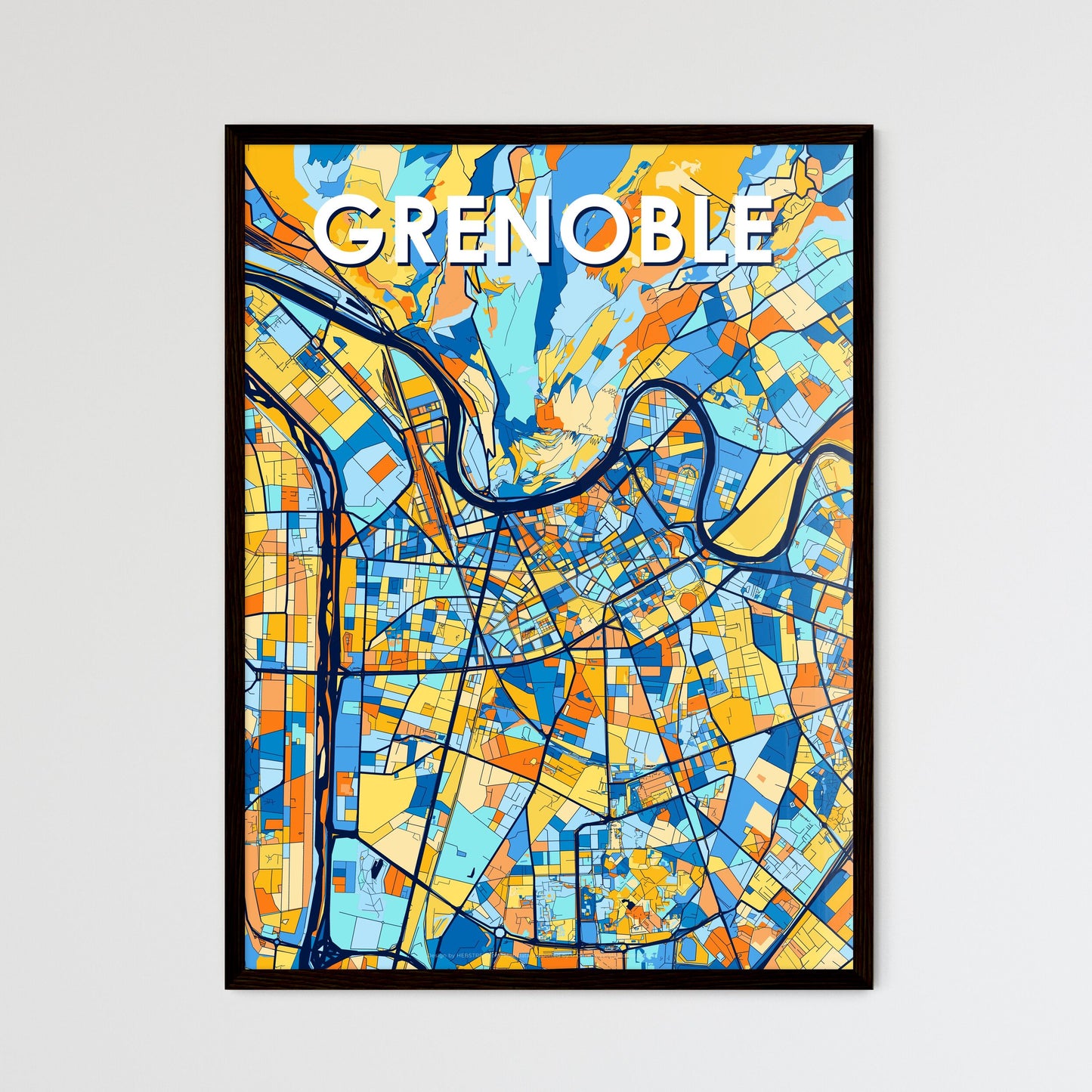 GRENOBLE FRANCE Vibrant Colorful Art Map Poster Blue Orange