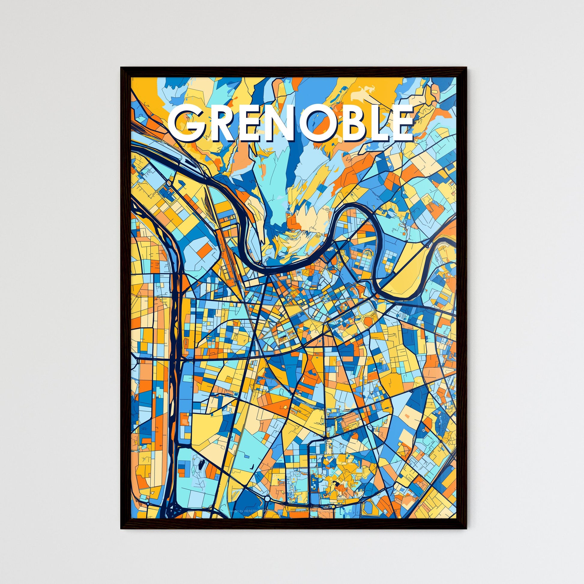 GRENOBLE FRANCE Vibrant Colorful Art Map Poster Blue Orange