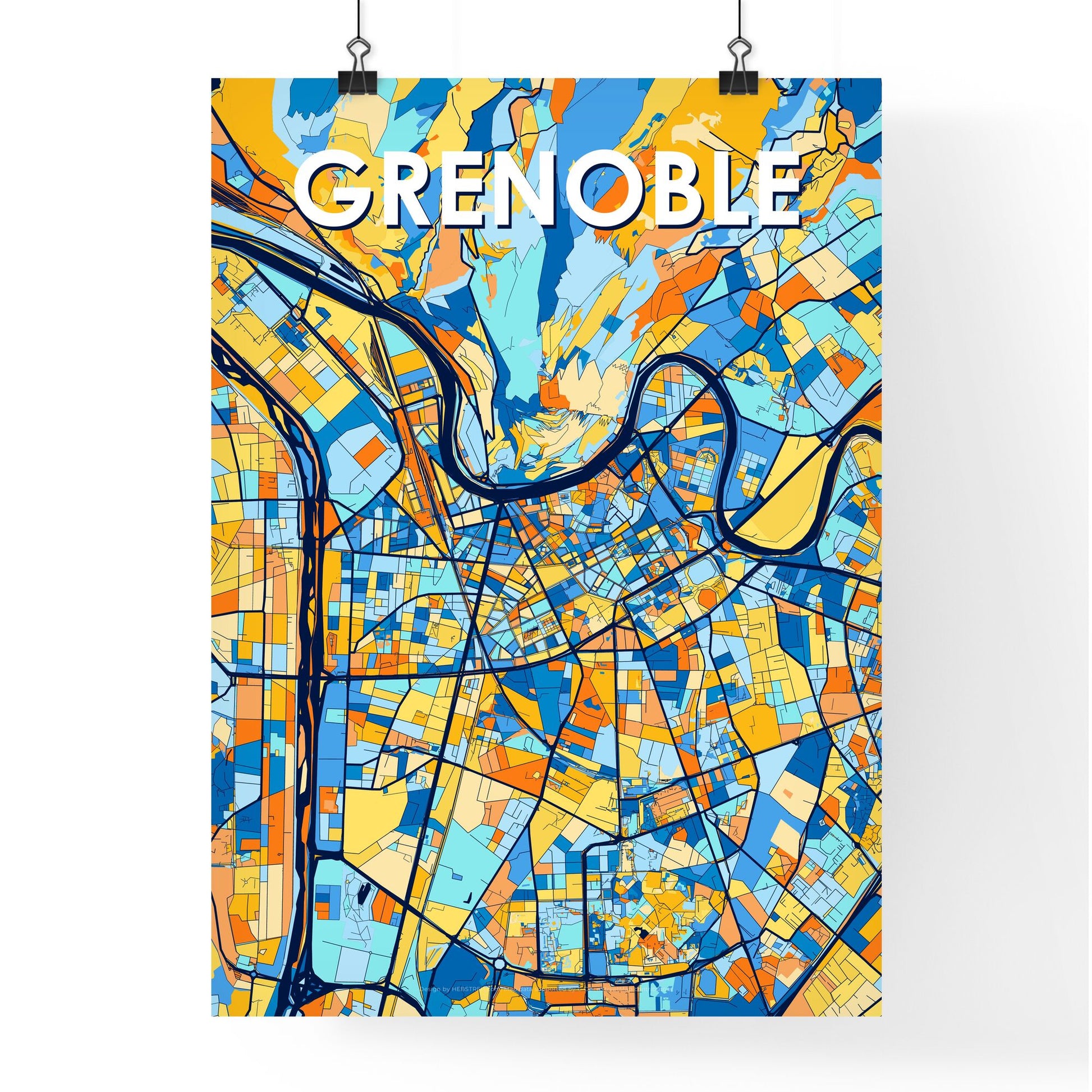 GRENOBLE FRANCE Vibrant Colorful Art Map Poster Blue Orange