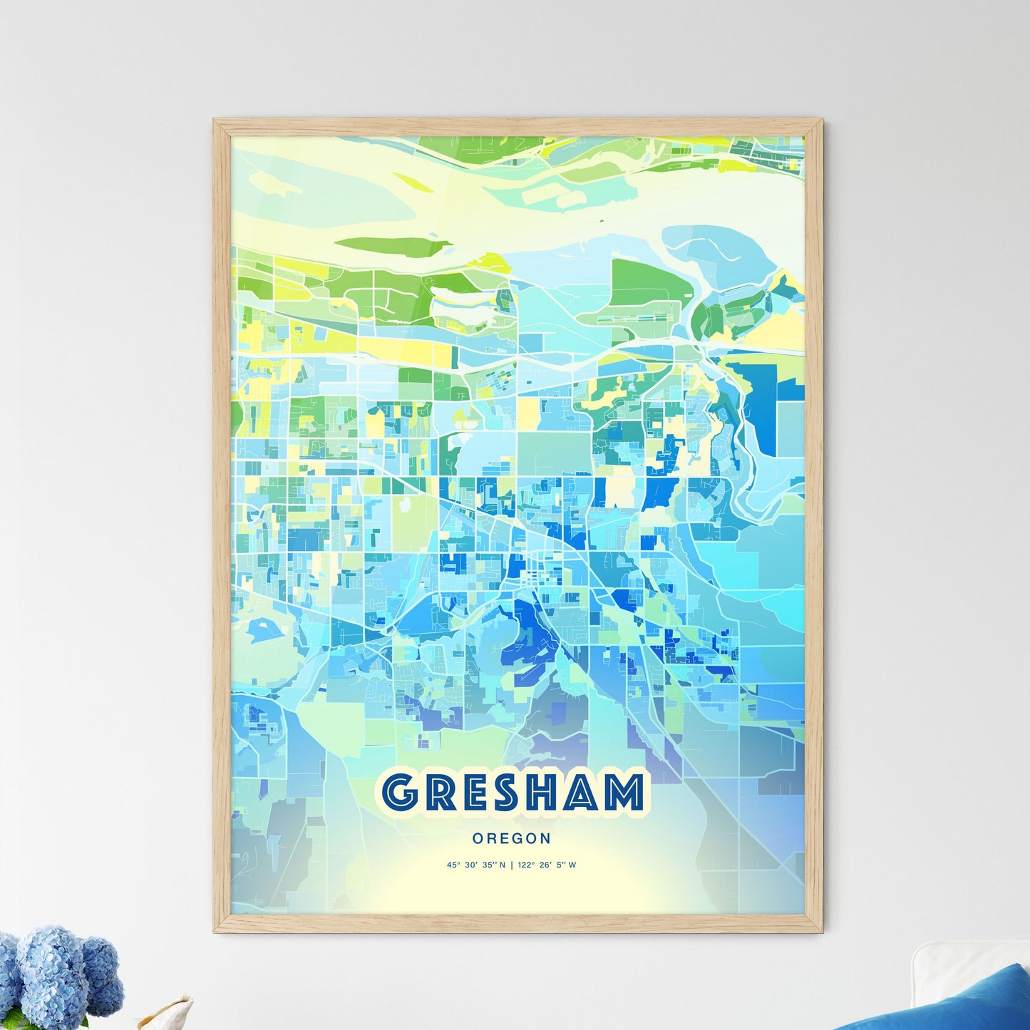 Colorful Gresham Oregon Fine Art Map Cool Blue