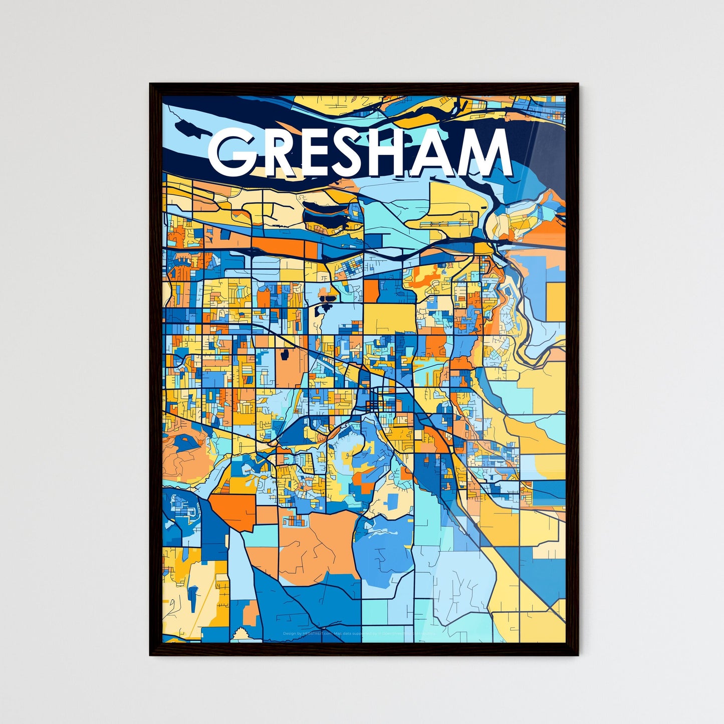 GRESHAM OREGON Vibrant Colorful Art Map Poster Blue Orange