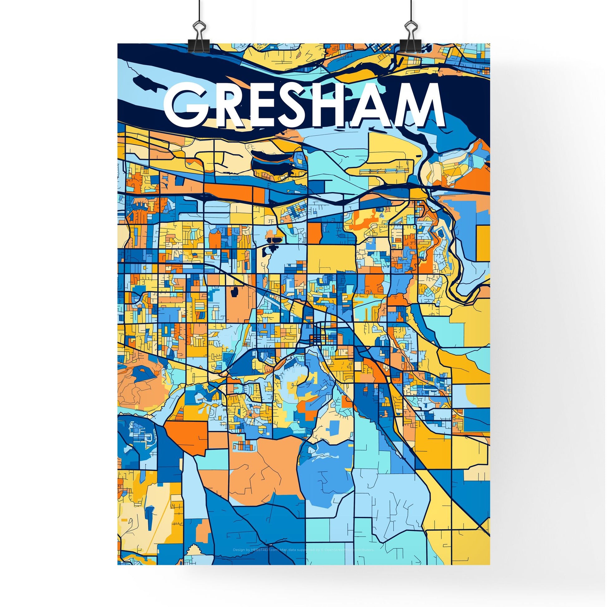 GRESHAM OREGON Vibrant Colorful Art Map Poster Blue Orange