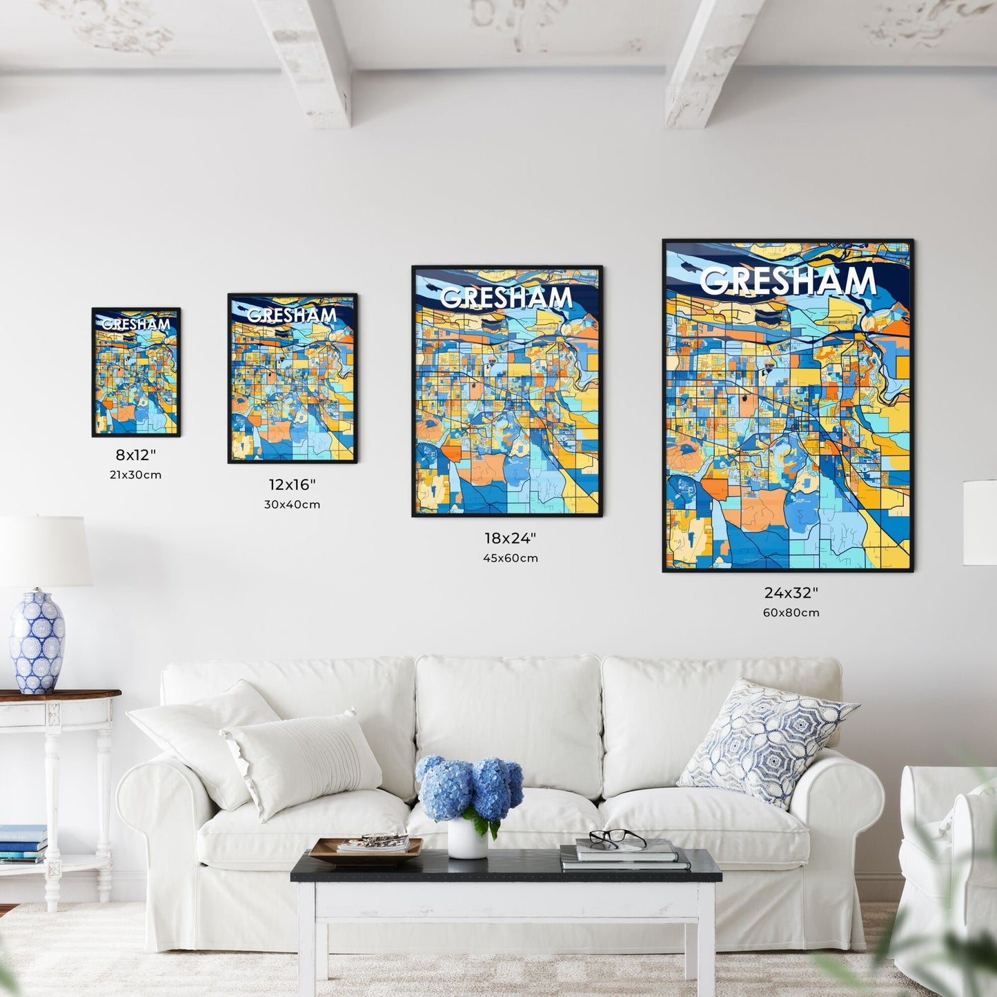 GRESHAM OREGON Vibrant Colorful Art Map Poster Blue Orange