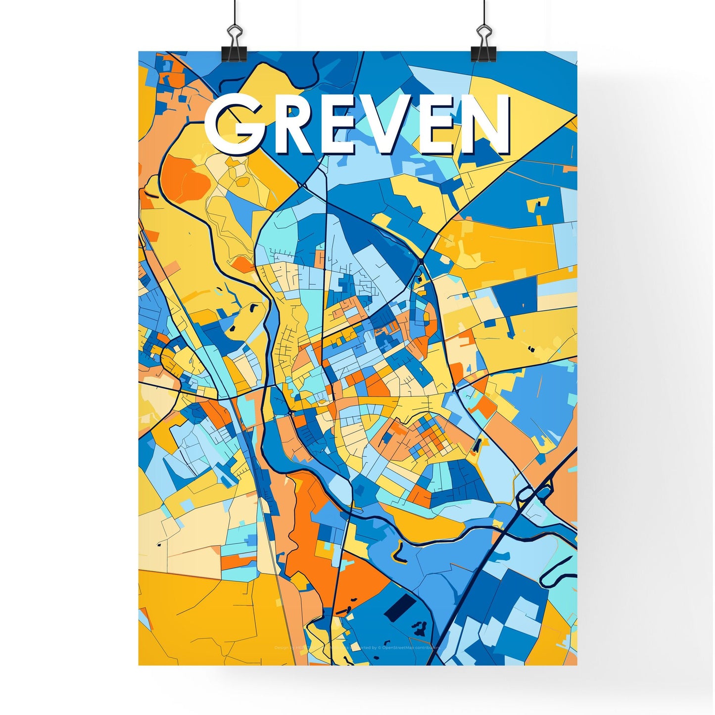 GREVEN GERMANY Vibrant Colorful Art Map Poster Blue Orange