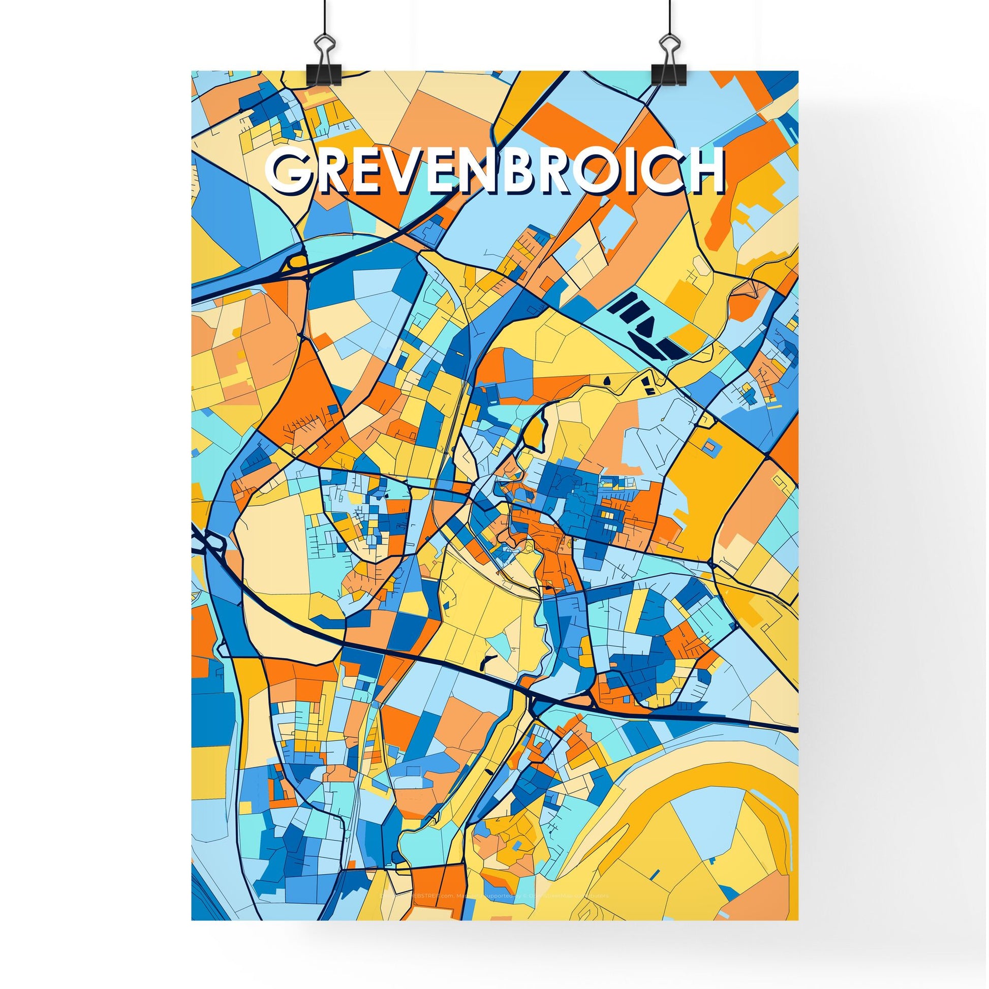 GREVENBROICH GERMANY Vibrant Colorful Art Map Poster Blue Orange