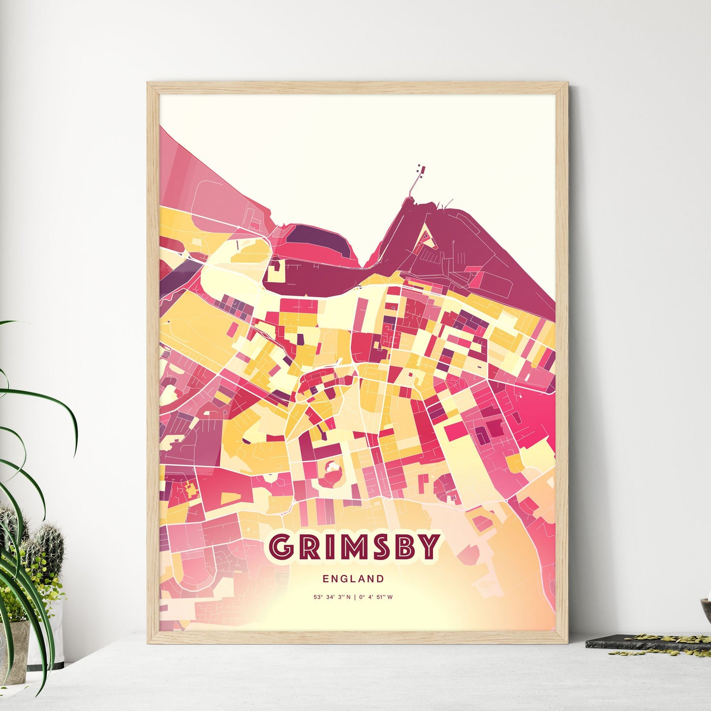 Colorful Grimsby England Fine Art Map Hot Red