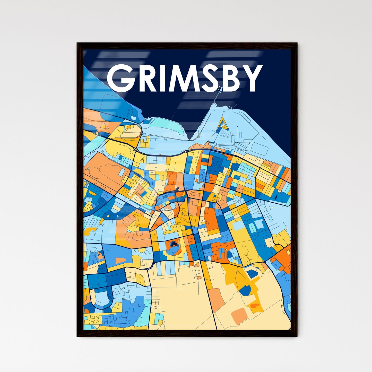 GRIMSBY ENGLAND Vibrant Colorful Art Map Poster Blue Orange