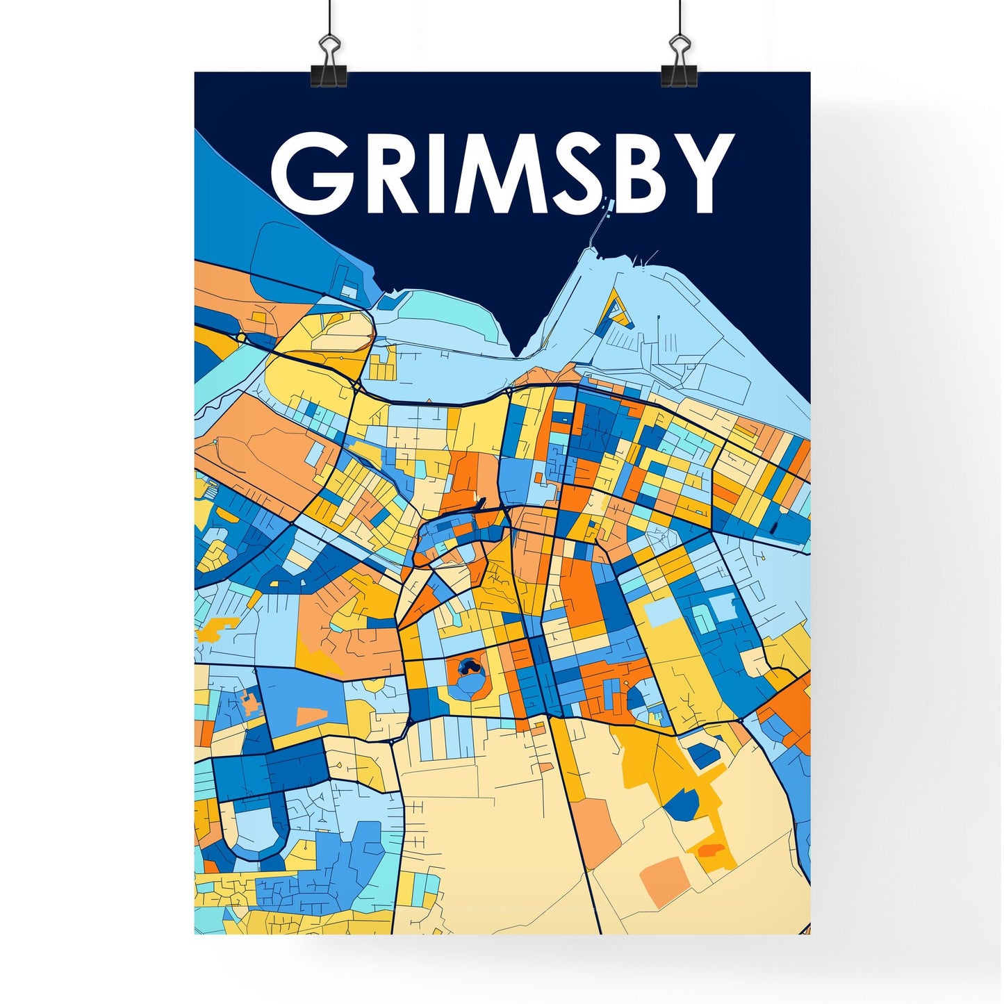 GRIMSBY ENGLAND Vibrant Colorful Art Map Poster Blue Orange