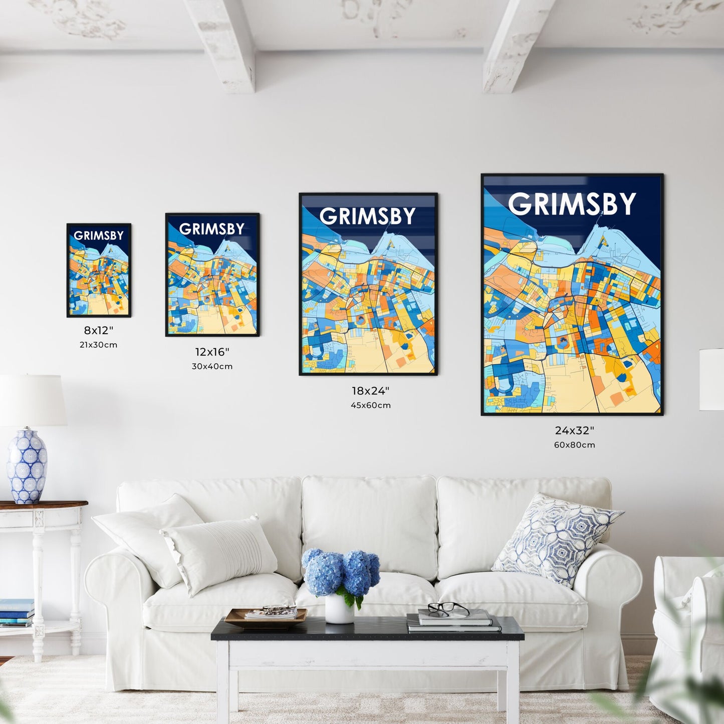 GRIMSBY ENGLAND Vibrant Colorful Art Map Poster Blue Orange