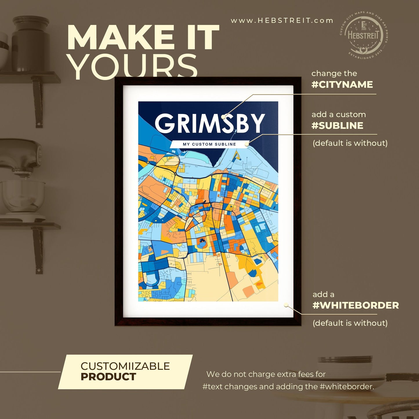 GRIMSBY ENGLAND Vibrant Colorful Art Map Poster Blue Orange