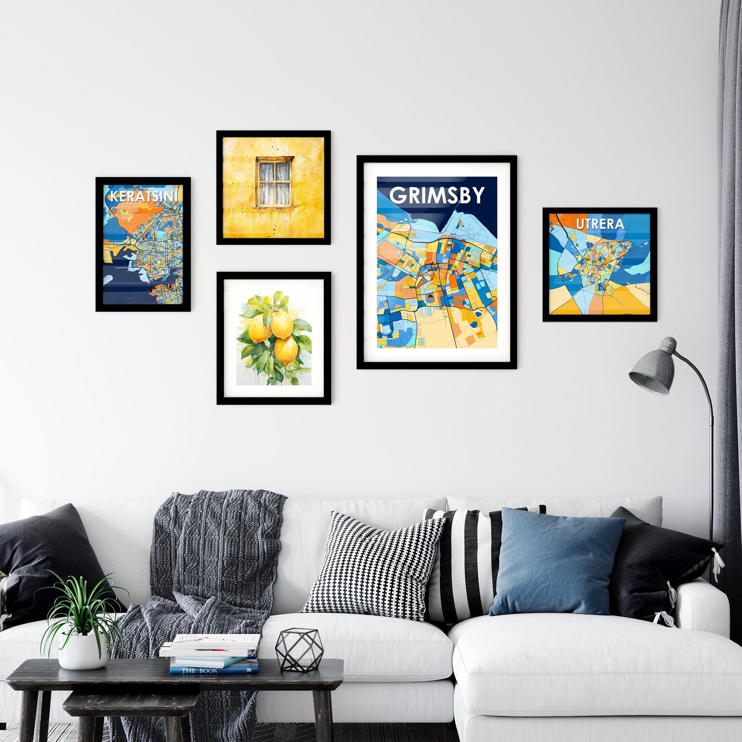 GRIMSBY ENGLAND Vibrant Colorful Art Map Poster Blue Orange