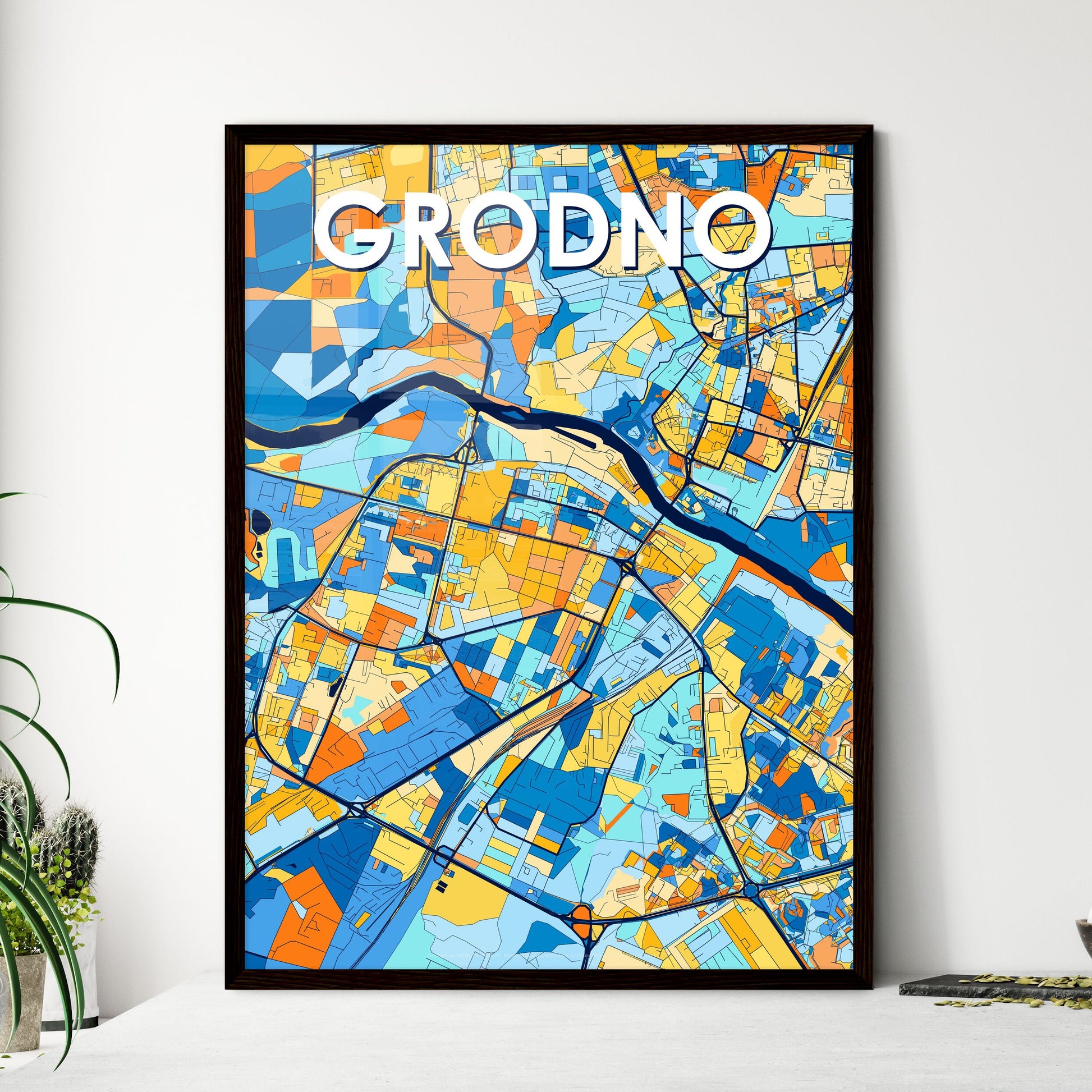 GRODNO BELARUS Vibrant Colorful Art Map Poster Blue Orange