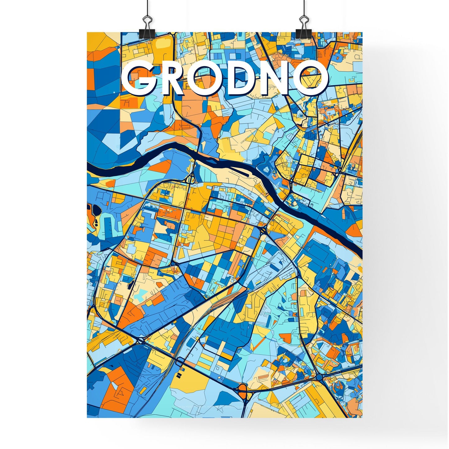 GRODNO BELARUS Vibrant Colorful Art Map Poster Blue Orange