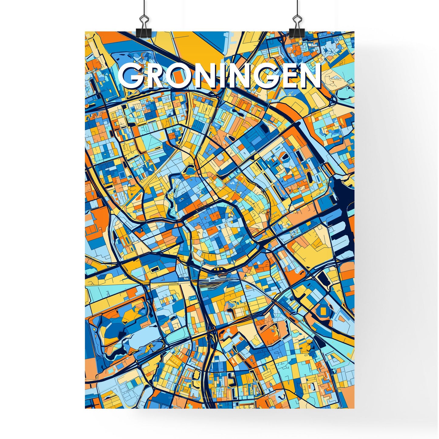 GRONINGEN NETHERLANDS Vibrant Colorful Art Map Poster Blue Orange