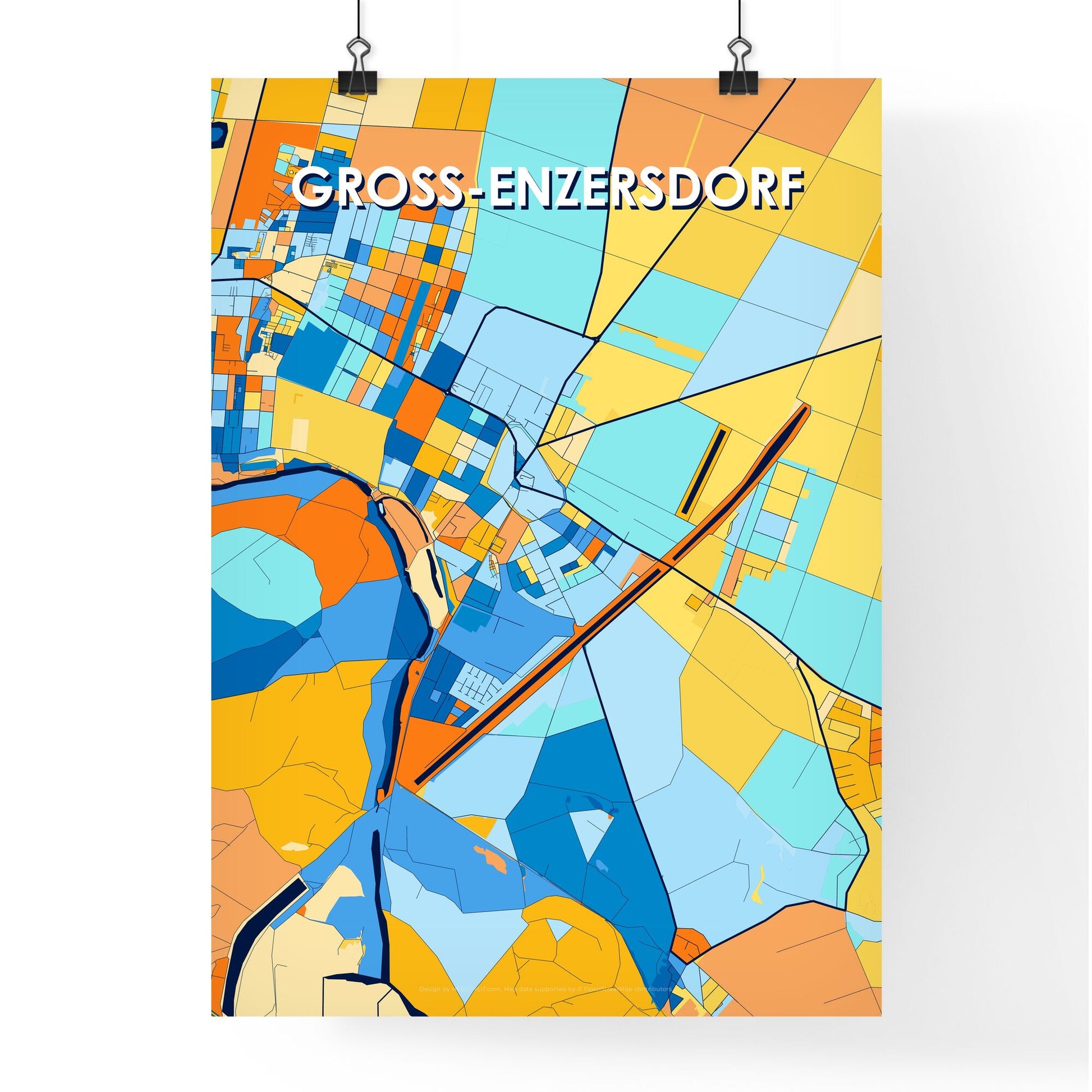 GROSS-ENZERSDORF AUSTRIA Vibrant Colorful Art Map Poster Blue Orange