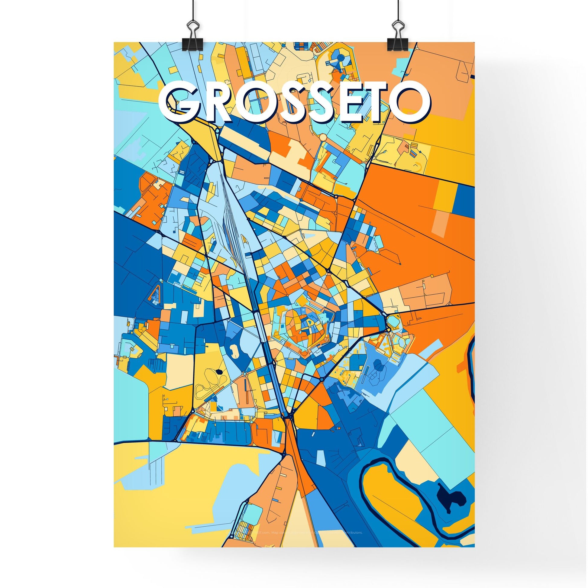 GROSSETO ITALY Vibrant Colorful Art Map Poster Blue Orange