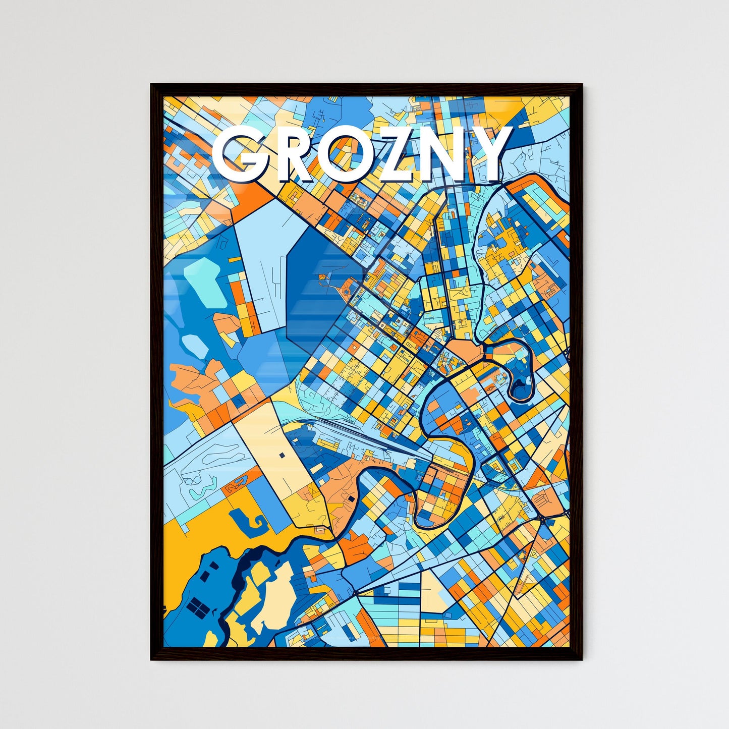 GROZNY RUSSIA Vibrant Colorful Art Map Poster Blue Orange