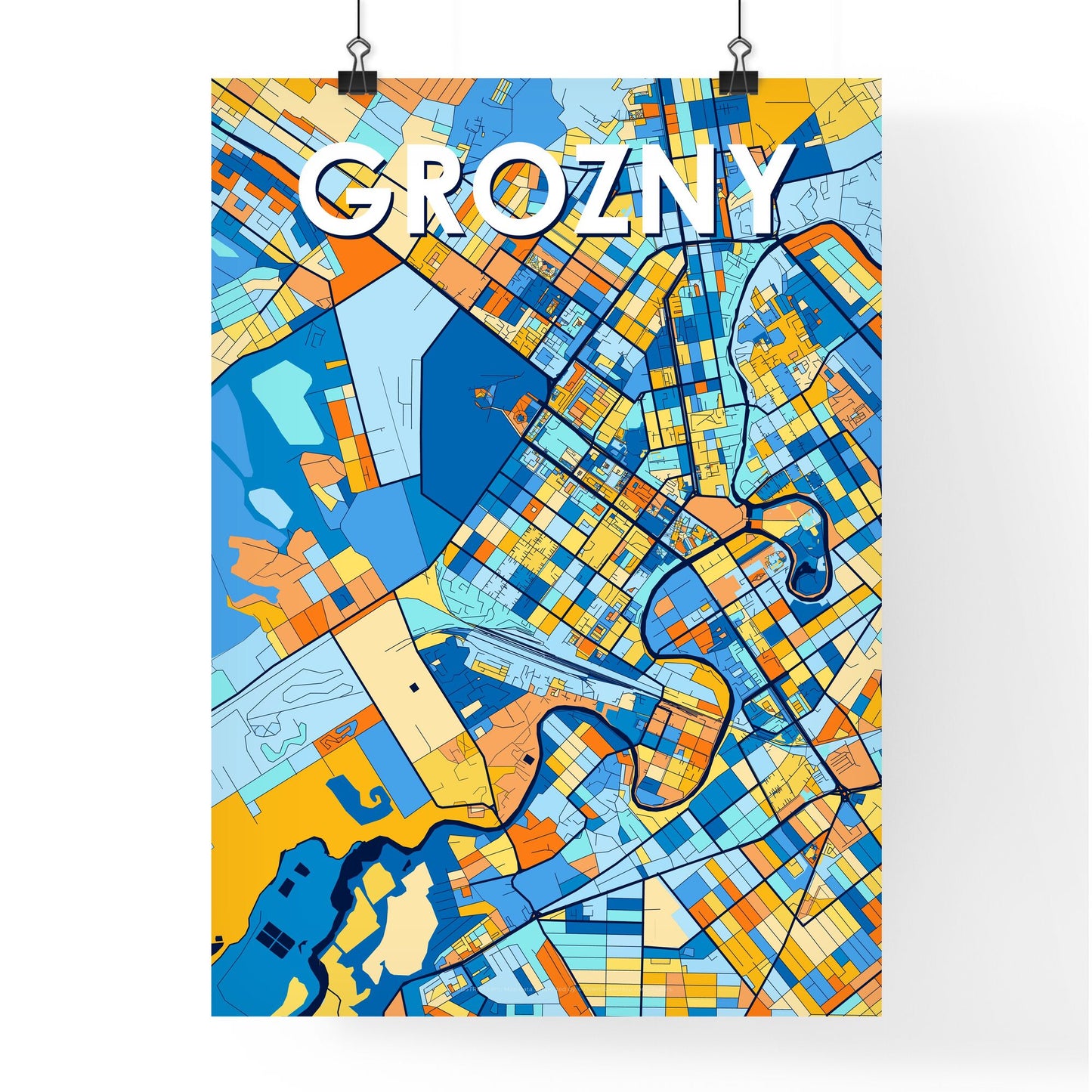 GROZNY RUSSIA Vibrant Colorful Art Map Poster Blue Orange