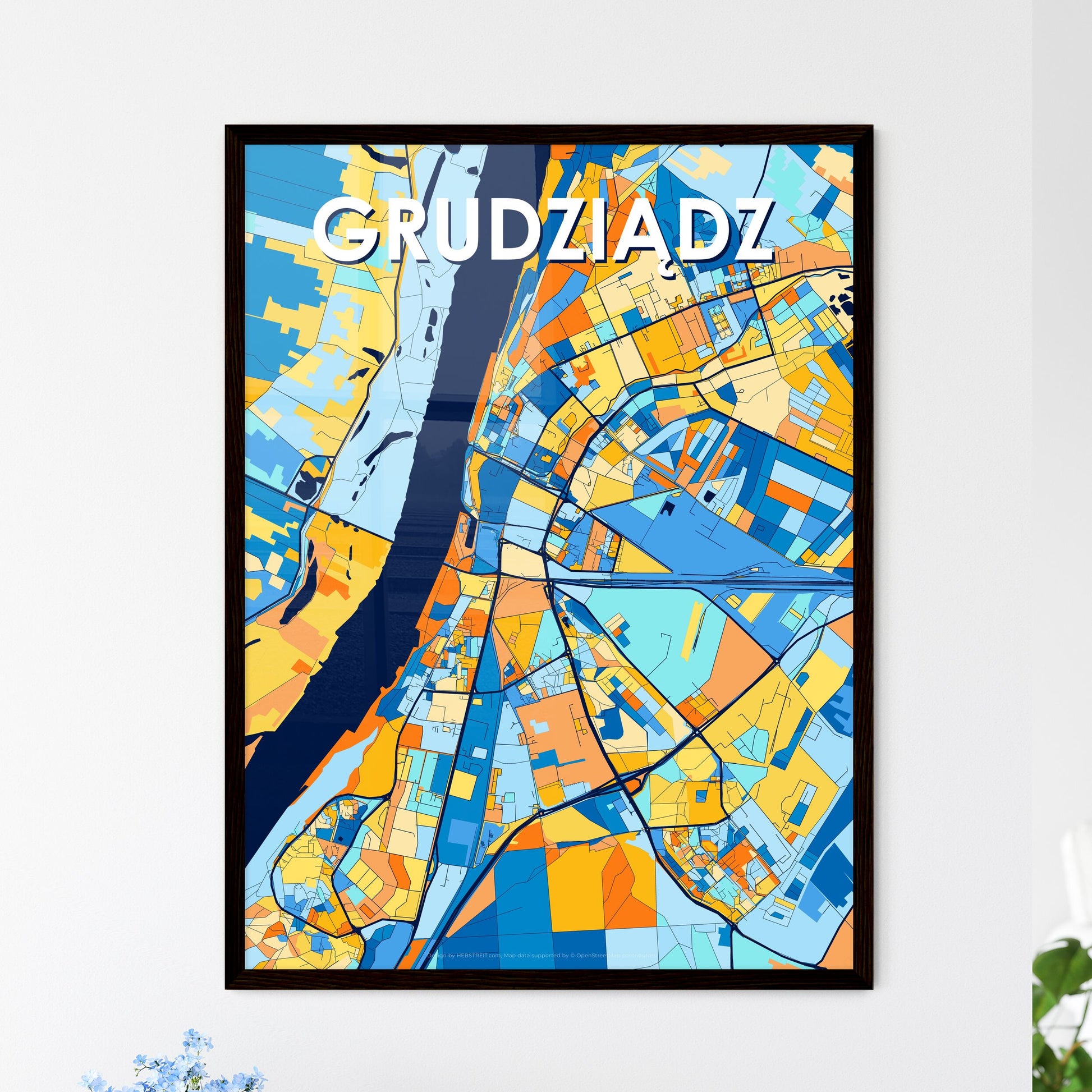 GRUDZIĄDZ POLAND Vibrant Colorful Art Map Poster Blue Orange