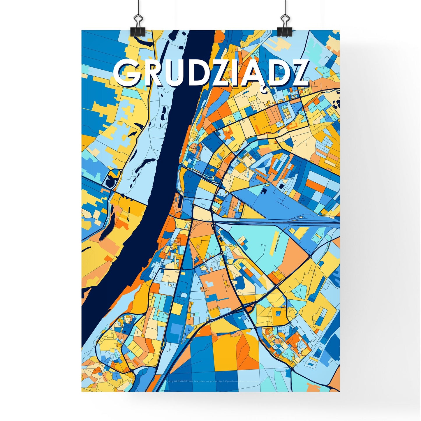 GRUDZIĄDZ POLAND Vibrant Colorful Art Map Poster Blue Orange