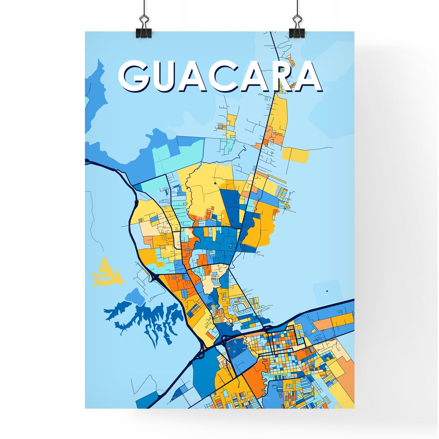 GUACARA VENEZUELA Vibrant Colorful Art Map Poster Blue Orange