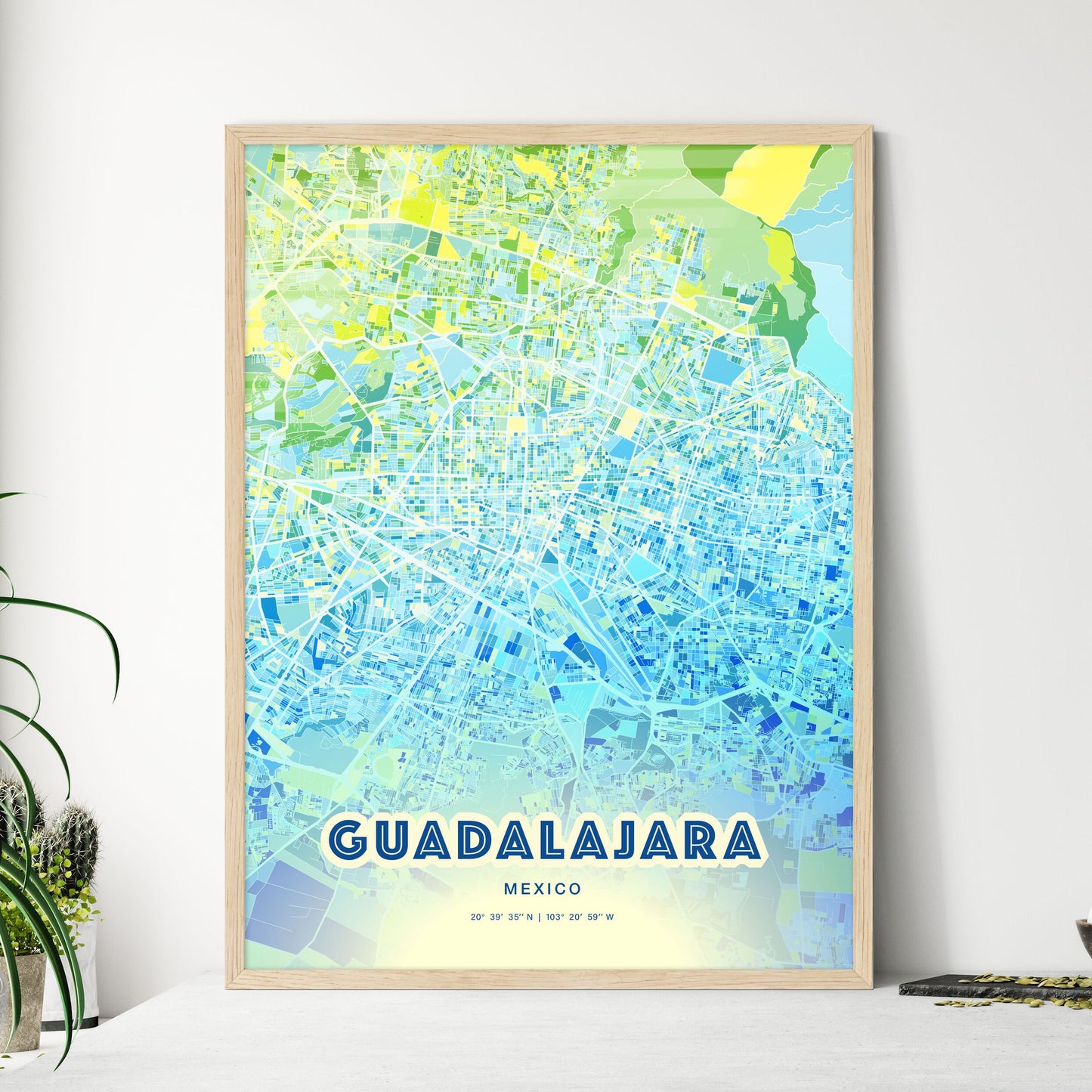 Colorful Guadalajara Mexico Fine Art Map Cool Blue