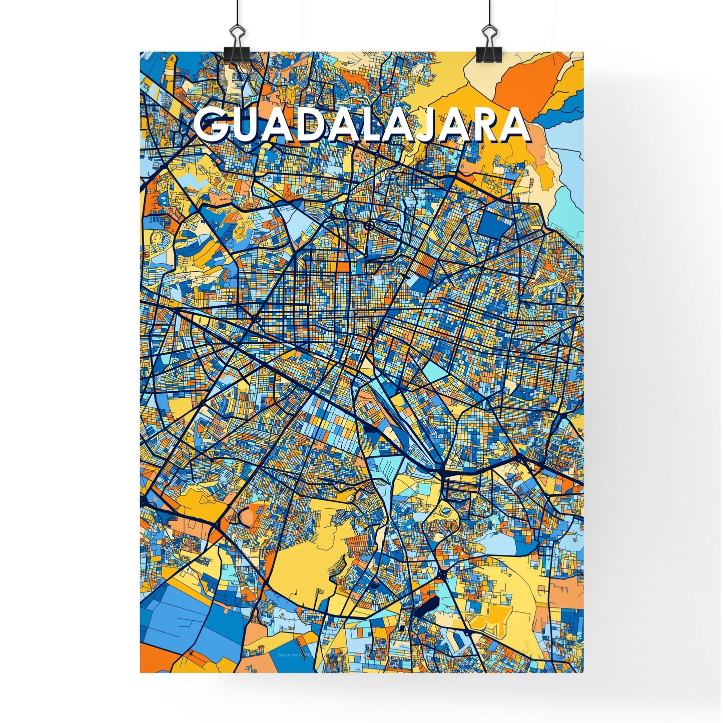 GUADALAJARA MEXICO Vibrant Colorful Art Map Poster Blue Orange