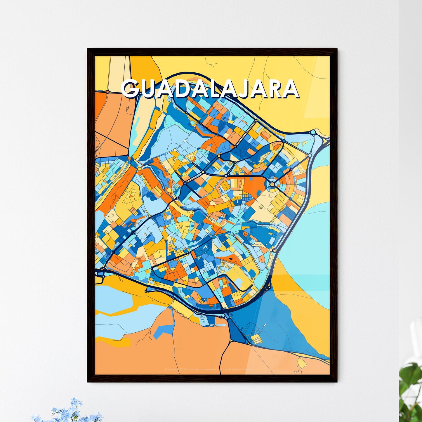 GUADALAJARA SPAIN Vibrant Colorful Art Map Poster Blue Orange