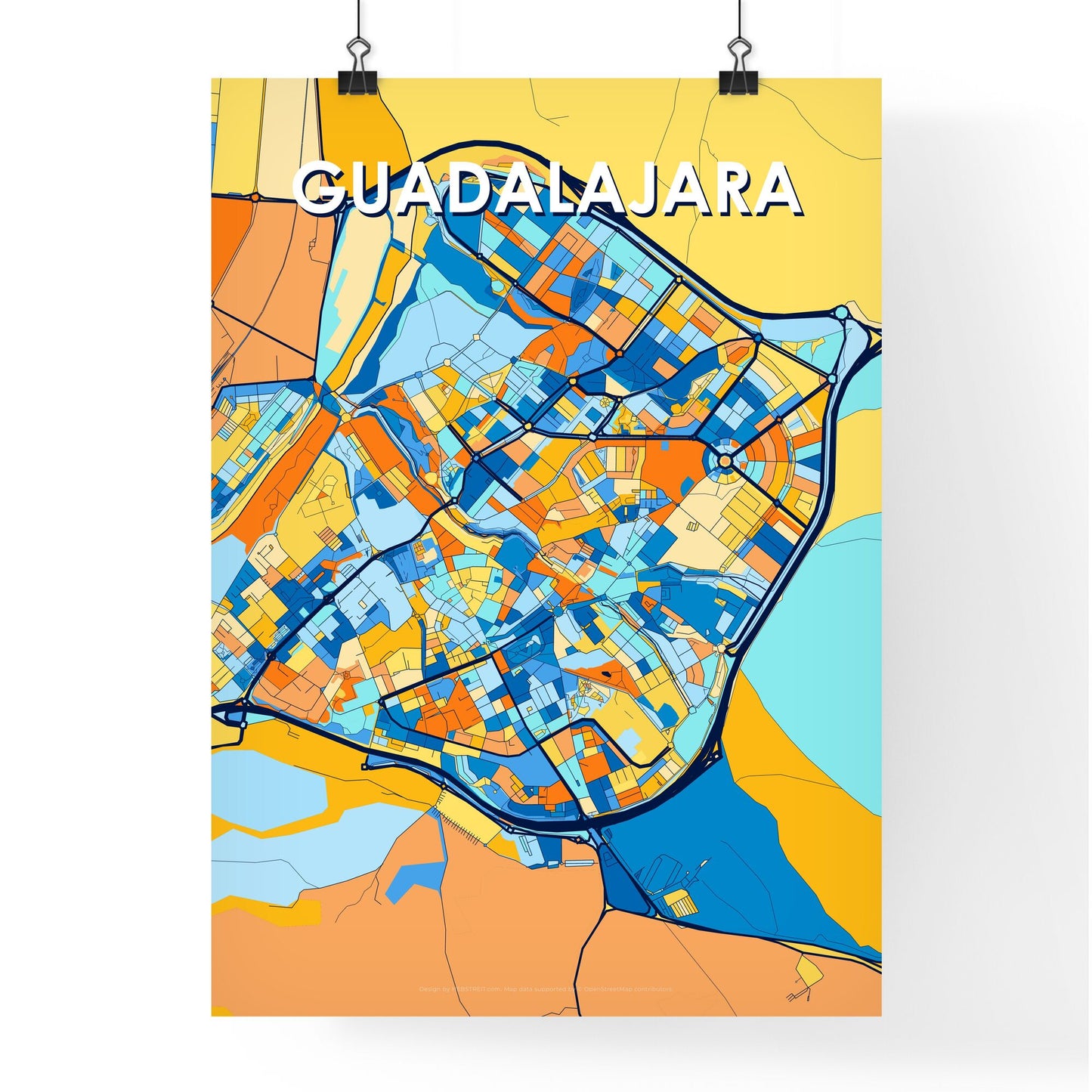 GUADALAJARA SPAIN Vibrant Colorful Art Map Poster Blue Orange