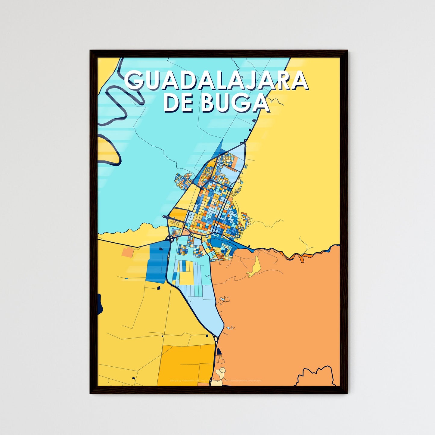 GUADALAJARA DE BUGA COLOMBIA Vibrant Colorful Art Map Poster Blue Orange