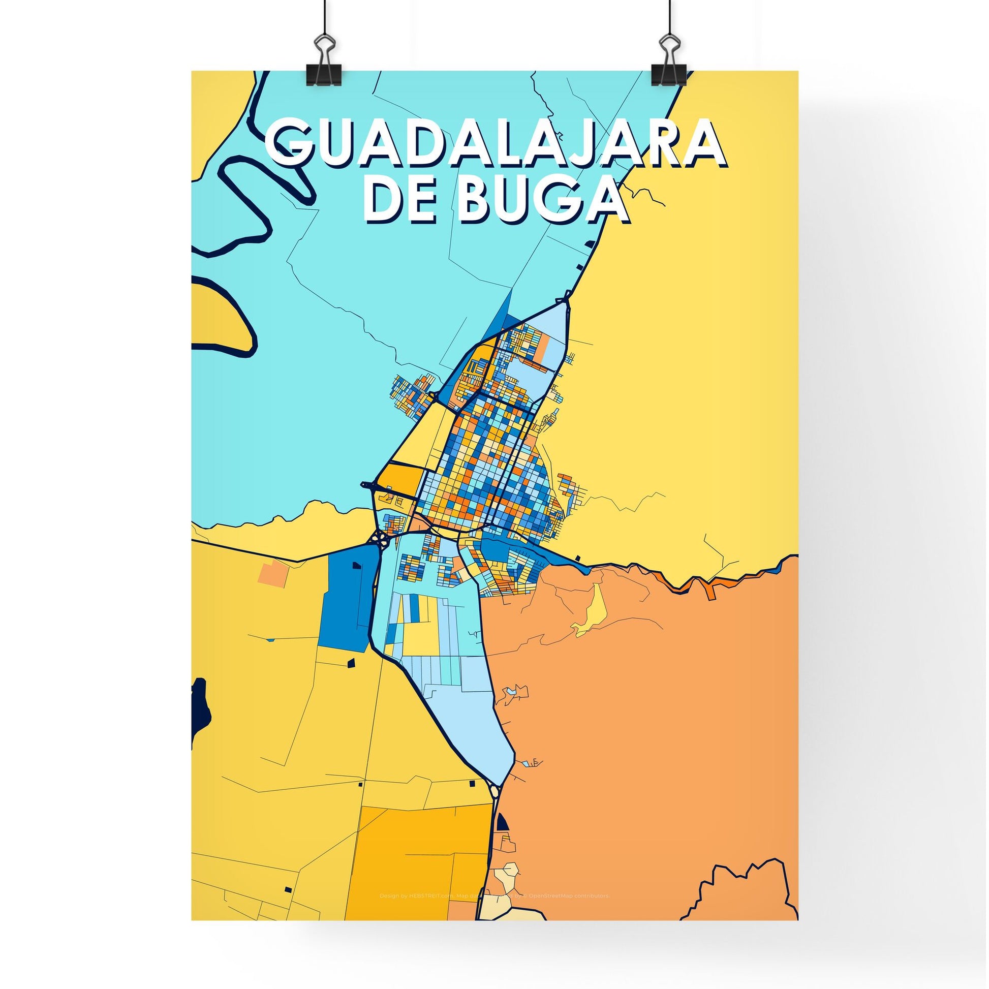 GUADALAJARA DE BUGA COLOMBIA Vibrant Colorful Art Map Poster Blue Orange