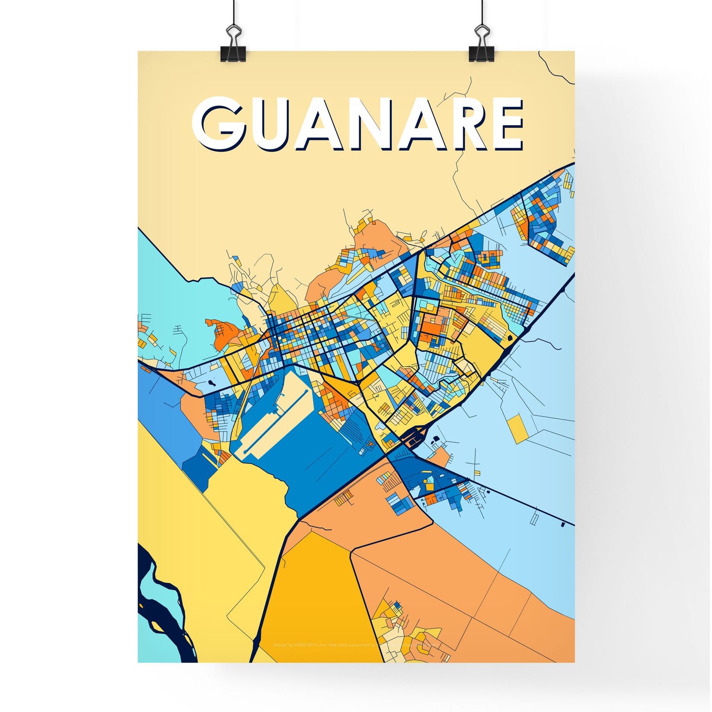 GUANARE VENEZUELA Vibrant Colorful Art Map Poster Blue Orange