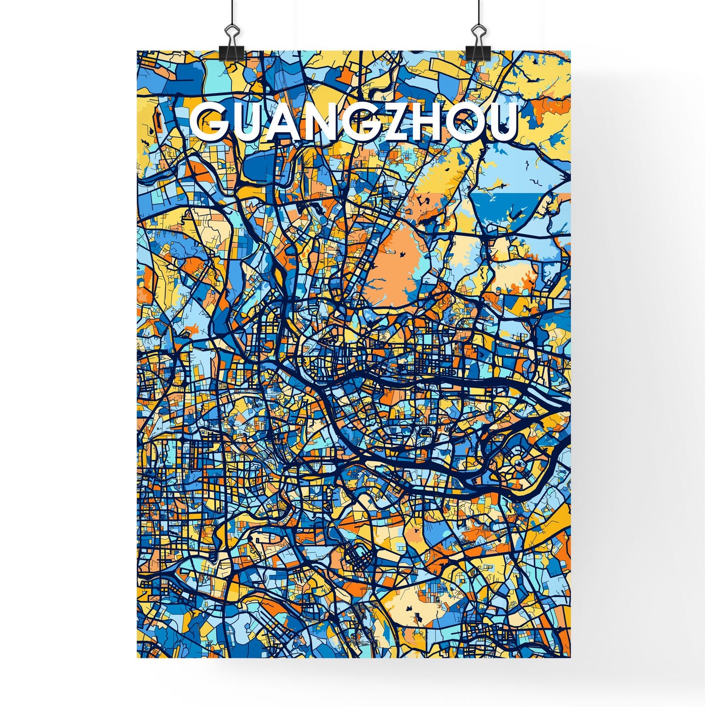 GUANGZHOU CHINA Vibrant Colorful Art Map Poster Blue Orange