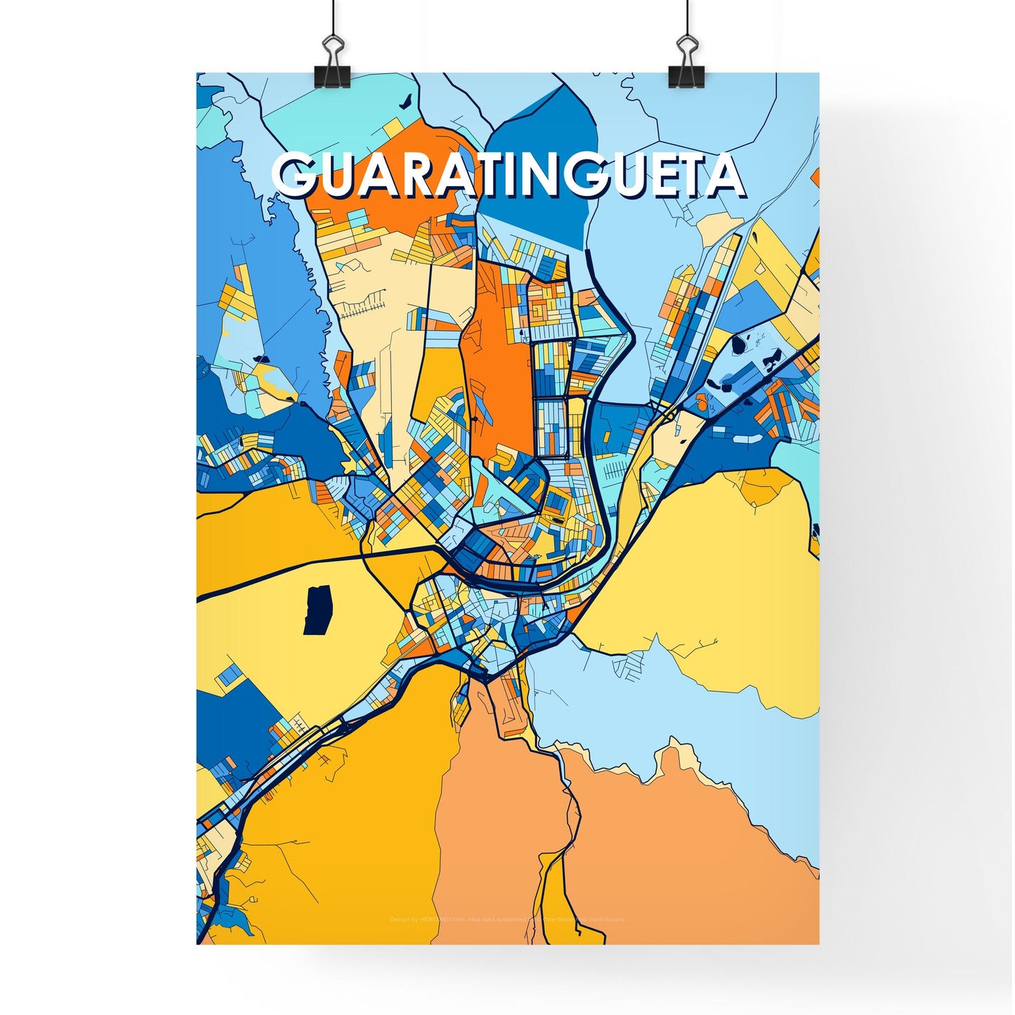 GUARATINGUETA BRAZIL Vibrant Colorful Art Map Poster Blue Orange