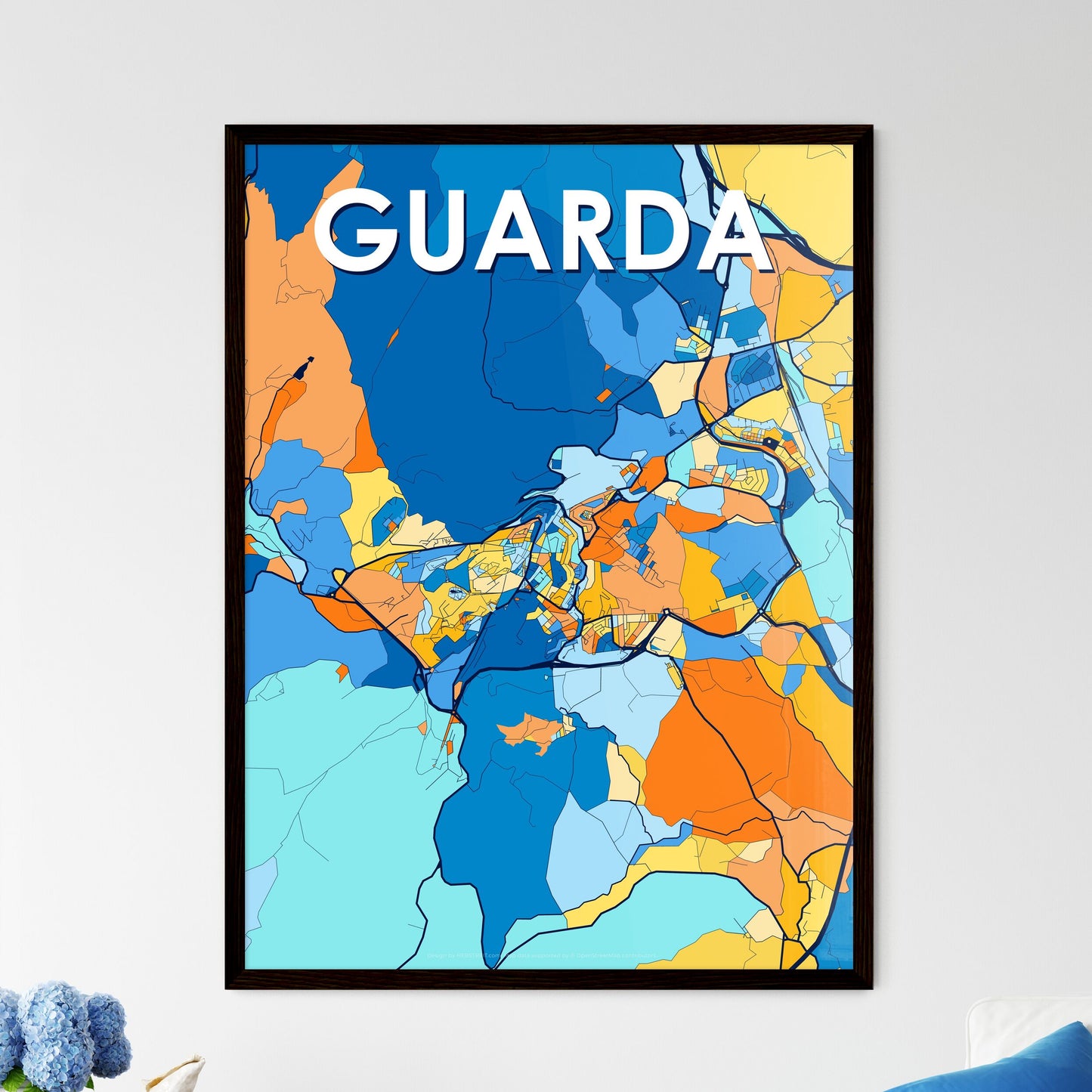 GUARDA PORTUGAL Vibrant Colorful Art Map Poster Blue Orange