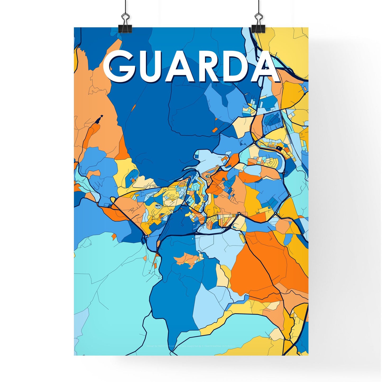 GUARDA PORTUGAL Vibrant Colorful Art Map Poster Blue Orange