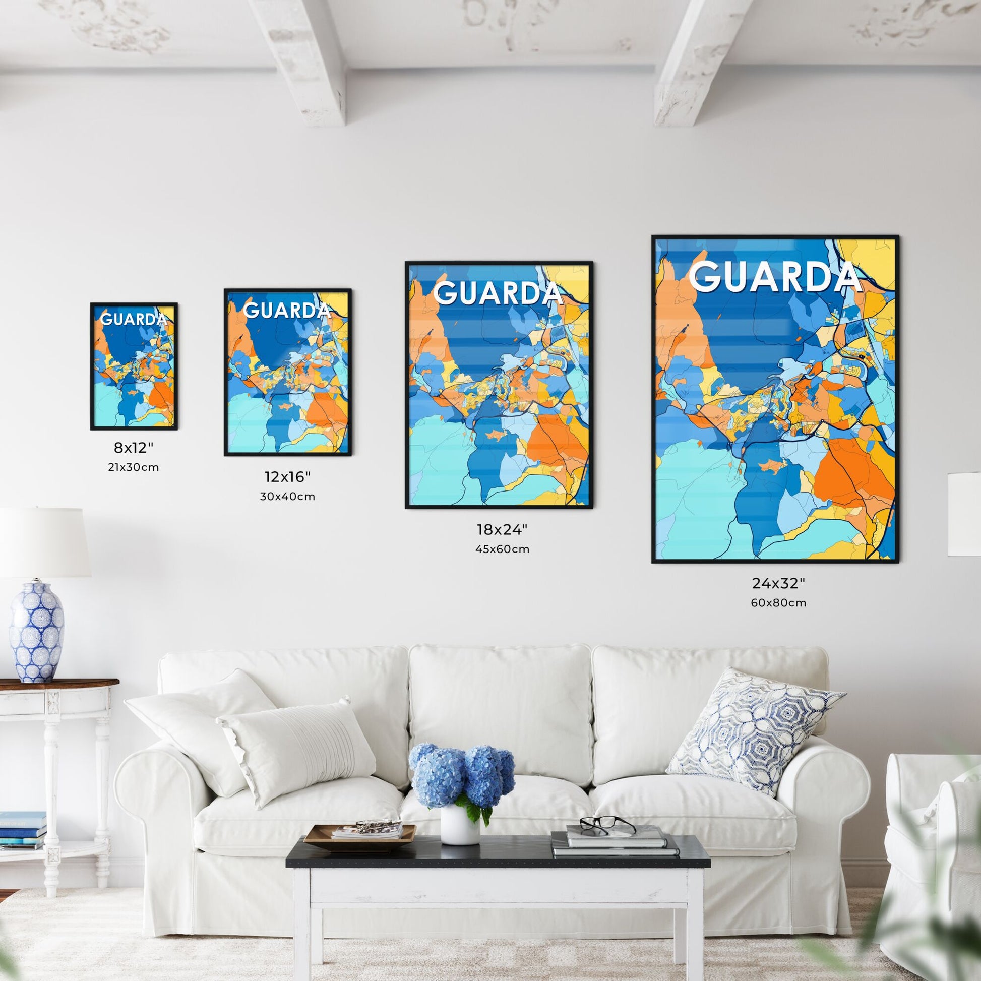 GUARDA PORTUGAL Vibrant Colorful Art Map Poster Blue Orange