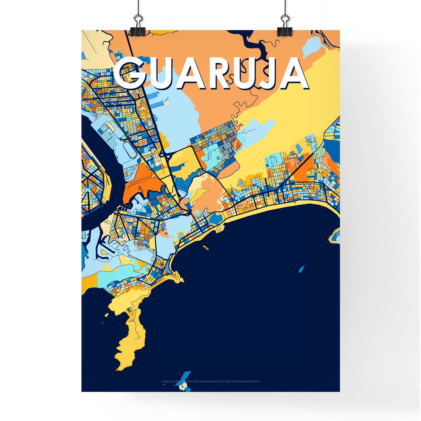 GUARUJA BRAZIL Vibrant Colorful Art Map Poster Blue Orange