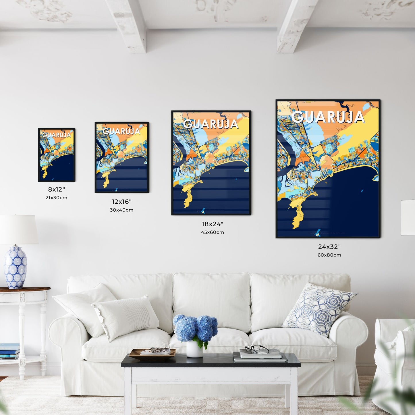 GUARUJA BRAZIL Vibrant Colorful Art Map Poster Blue Orange