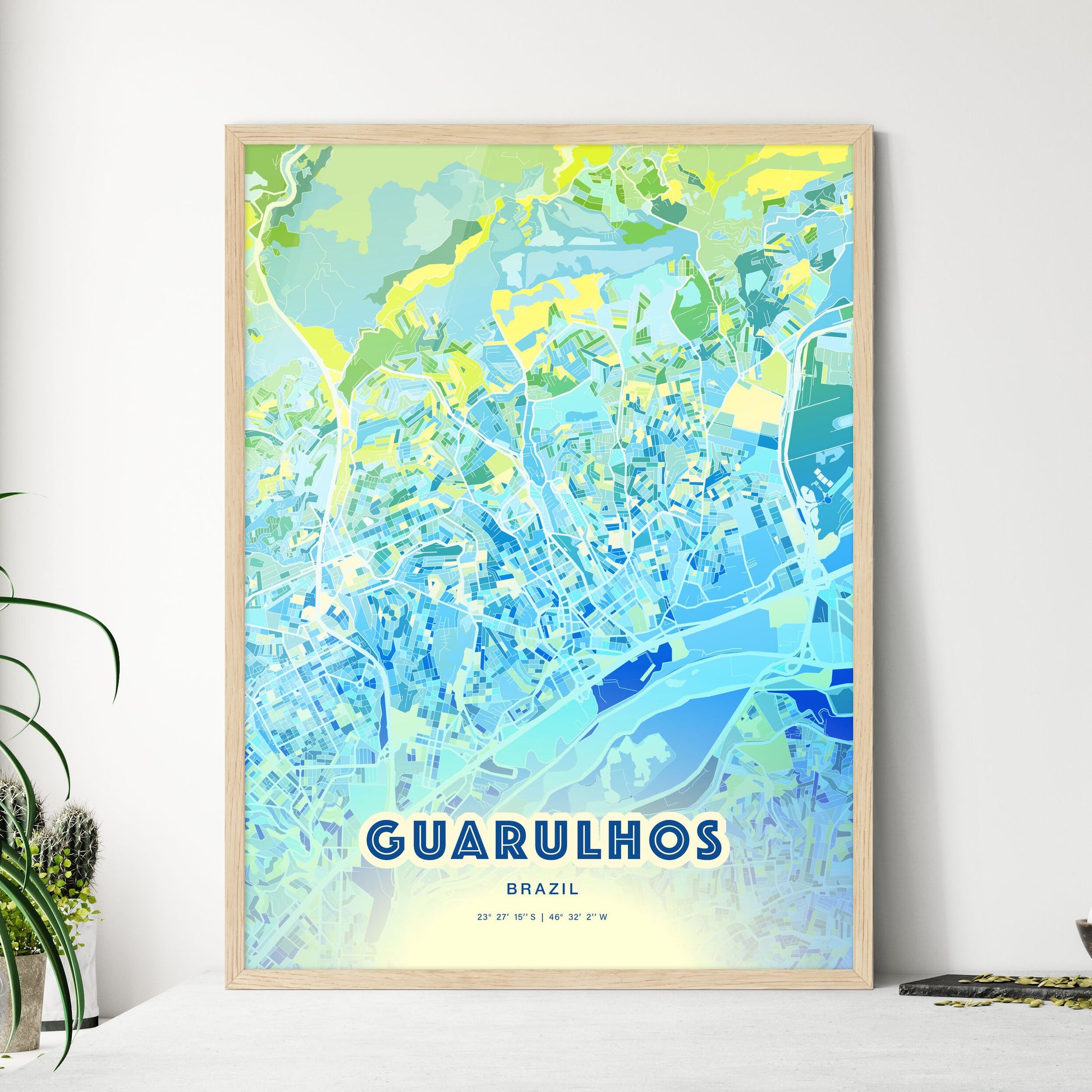 Colorful Guarulhos Brazil Fine Art Map Cool Blue