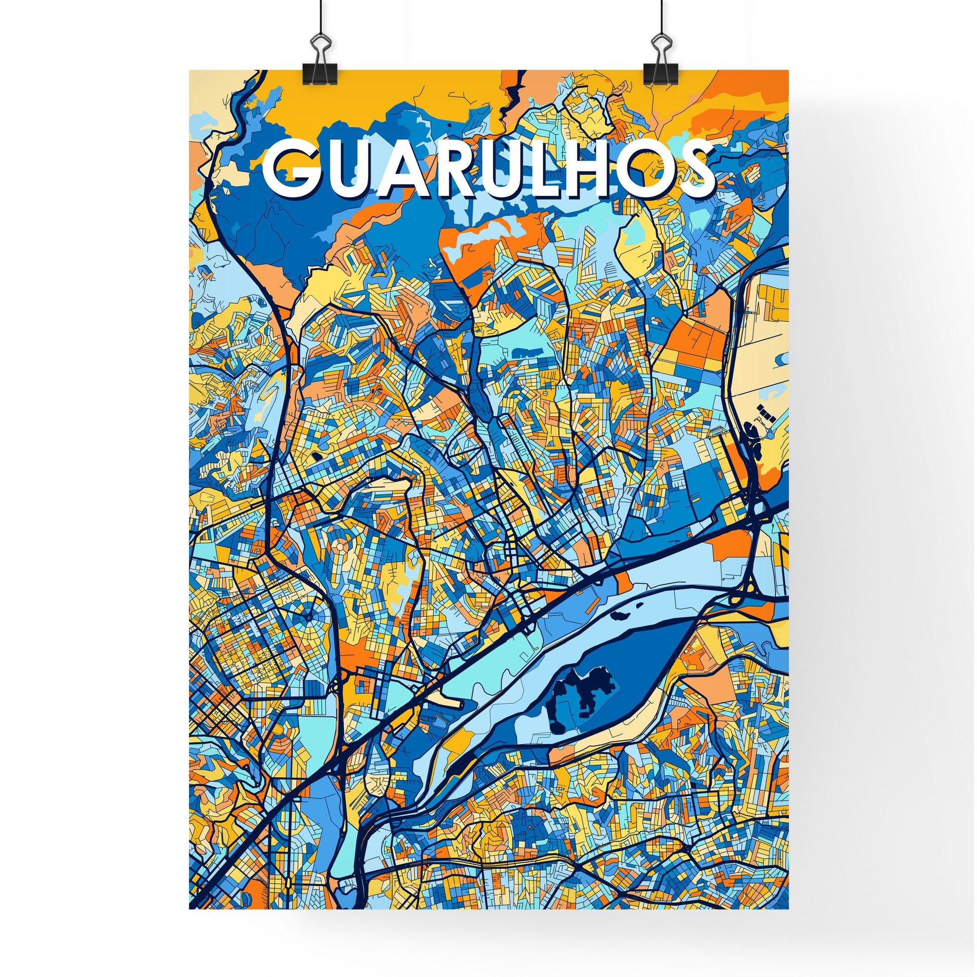 GUARULHOS BRAZIL Vibrant Colorful Art Map Poster Blue Orange