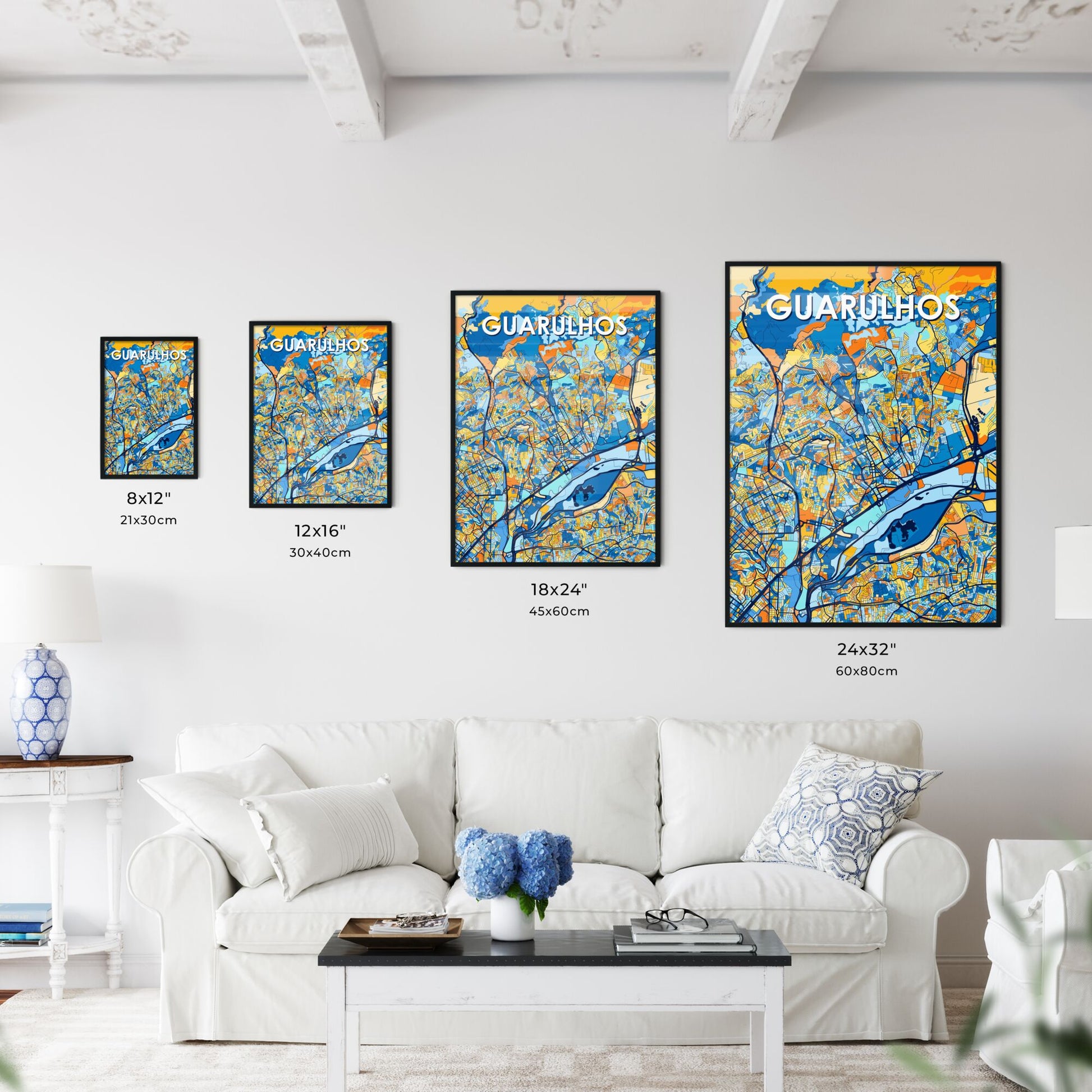 GUARULHOS BRAZIL Vibrant Colorful Art Map Poster Blue Orange