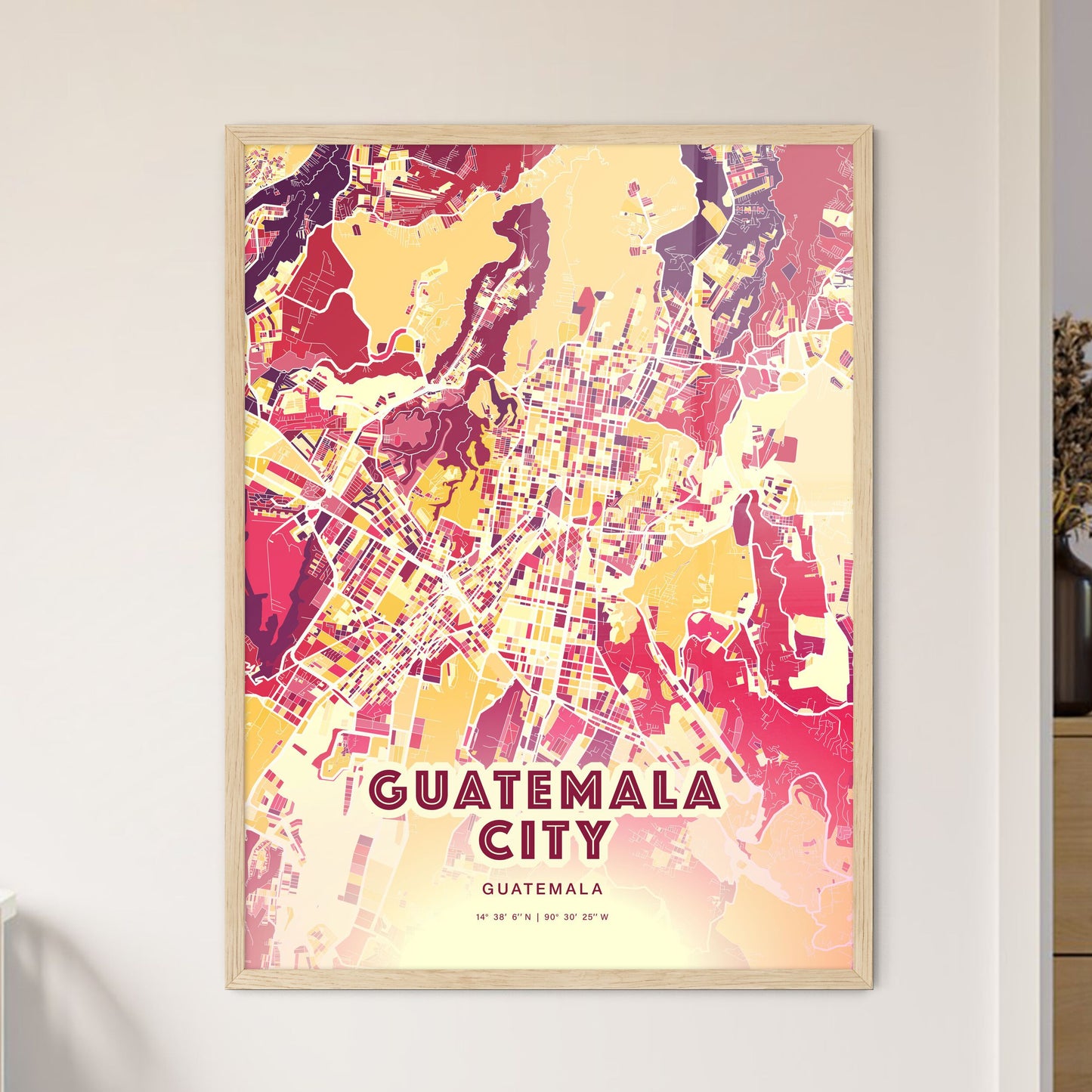 Colorful Guatemala City Guatemala Fine Art Map Hot Red